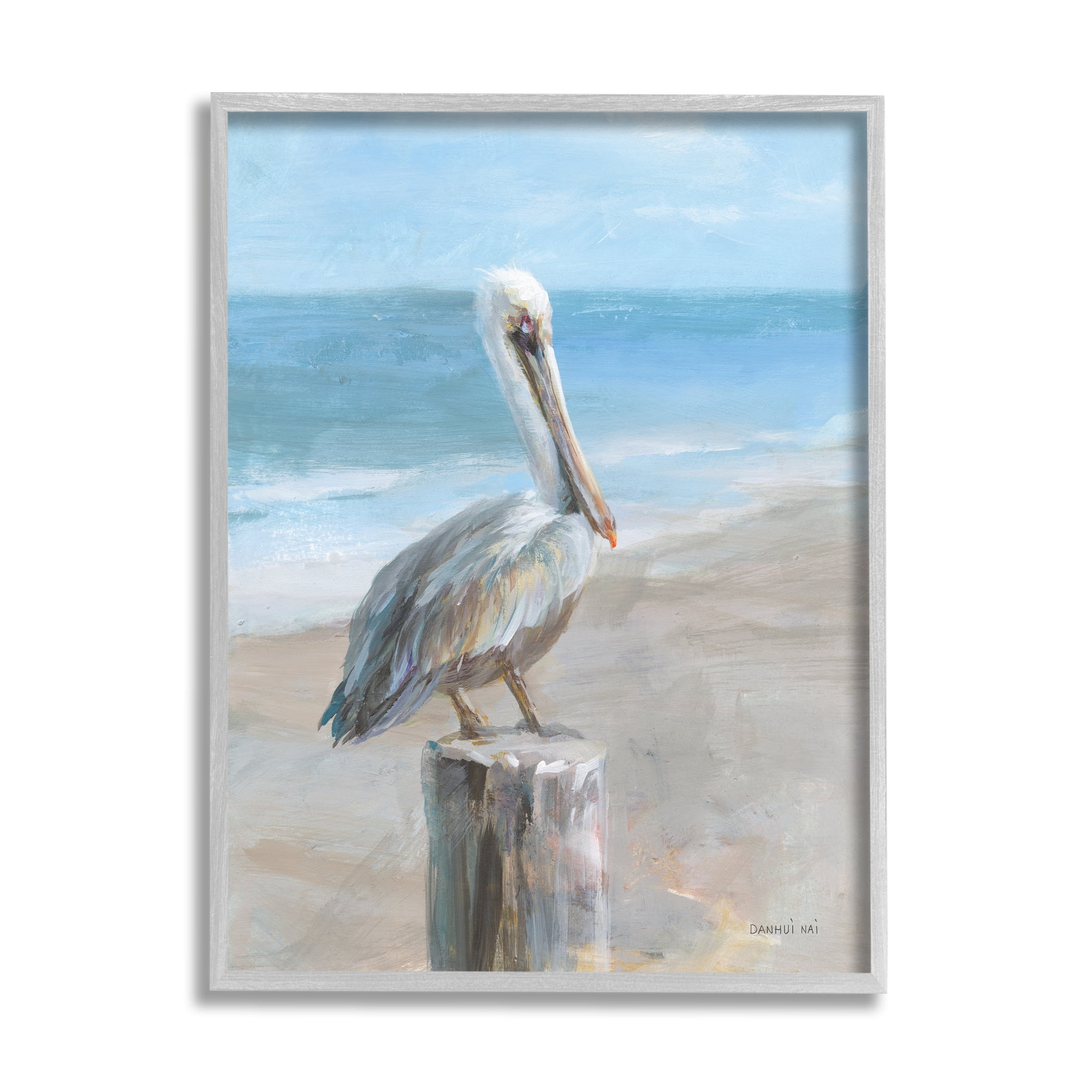 Stupell Industries Pelican Perched on Coast Animals & Insects Painting Gray Framed Art Print Wall Art, 11 x 14