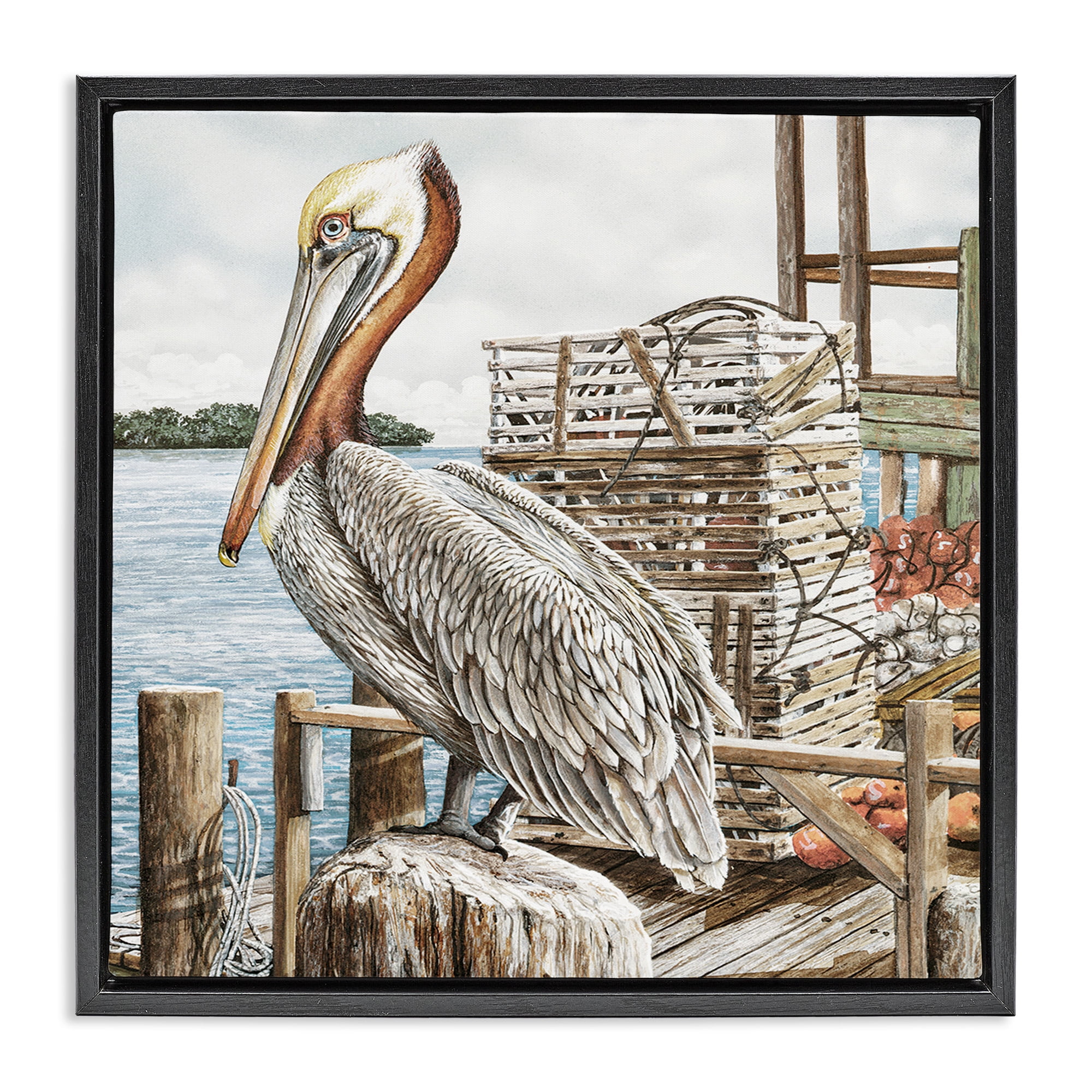 Stupell Industries Pelican Perched on Fishing Dock Animals & Insects Painting Black Floater Framed Canvas Art Print Wall Art, 25 x 25