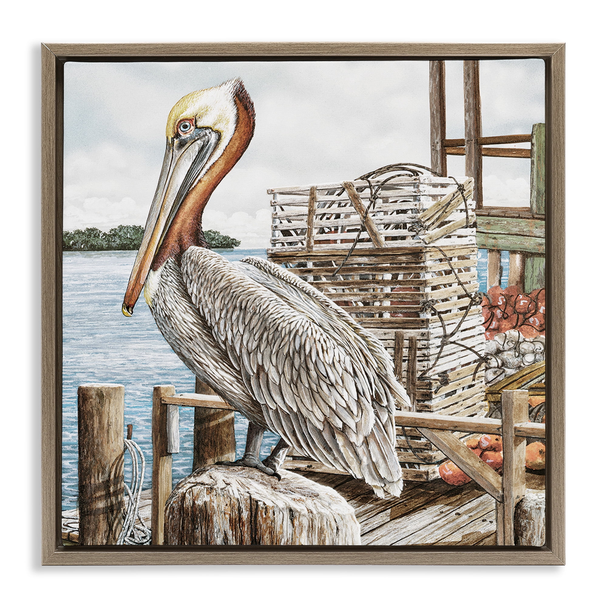 Stupell Industries Pelican Perched on Fishing Dock Animals & Insects Painting Brown Floater Framed Canvas Art Print Wall Art, 25 x 25
