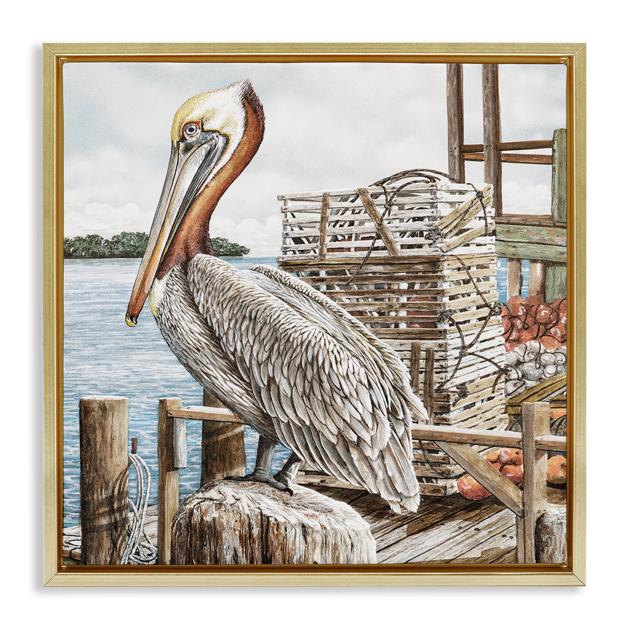 Stupell Industries Pelican Perched on Fishing Dock Animals & Insects Painting Gold Floater Framed Canvas Art Print Wall Art, 18 x 18