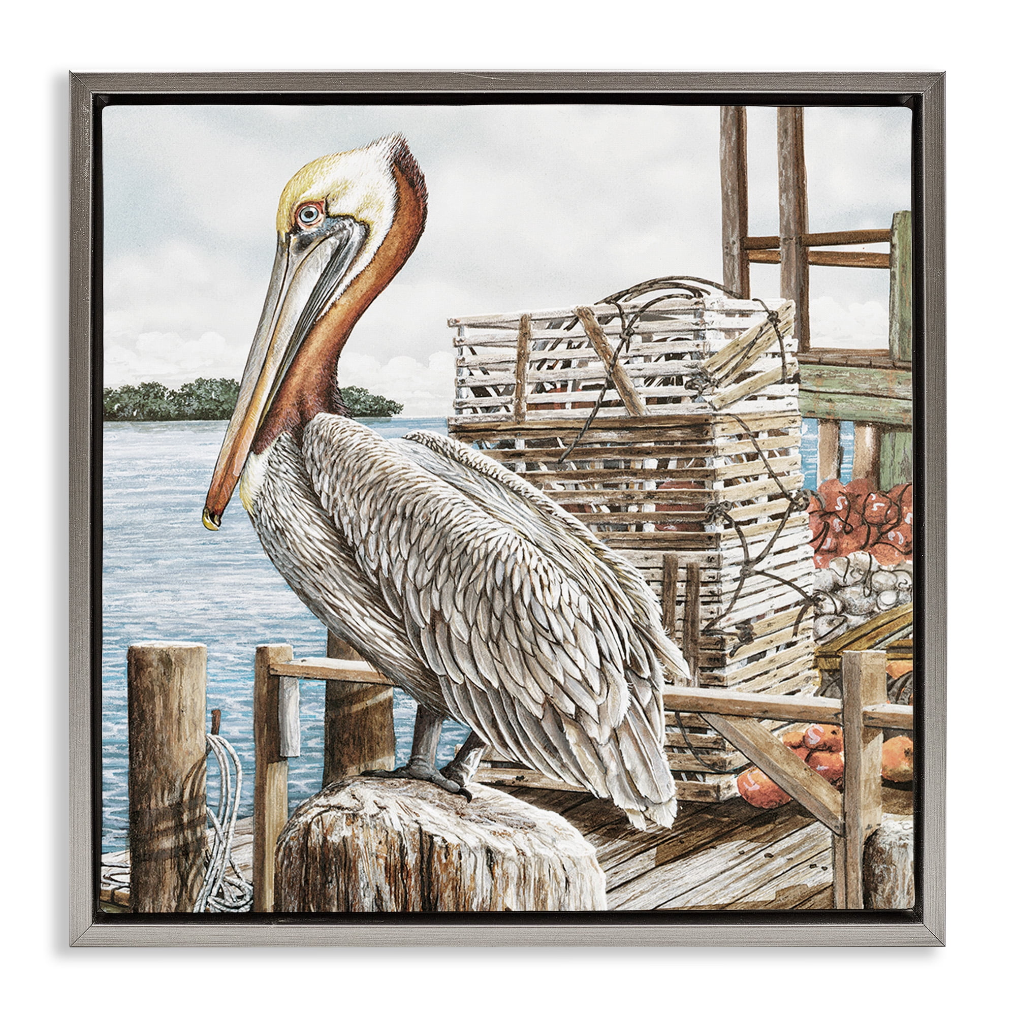 Stupell Industries Pelican Perched on Fishing Dock Animals & Insects Painting Gray Floater Framed Canvas Art Print Wall Art, 18 x 18