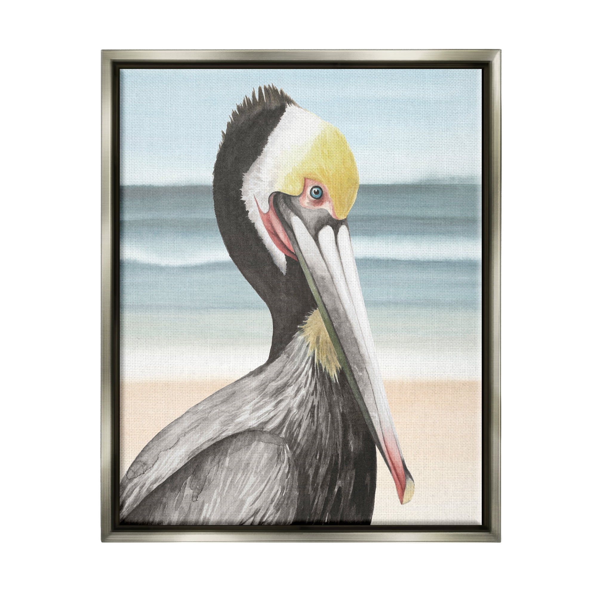 Stupell Industries Pelican Portrait on Beach Animals & Insects Painting Gray Floater Framed Canvas Art Print Wall Art, 17 x 21
