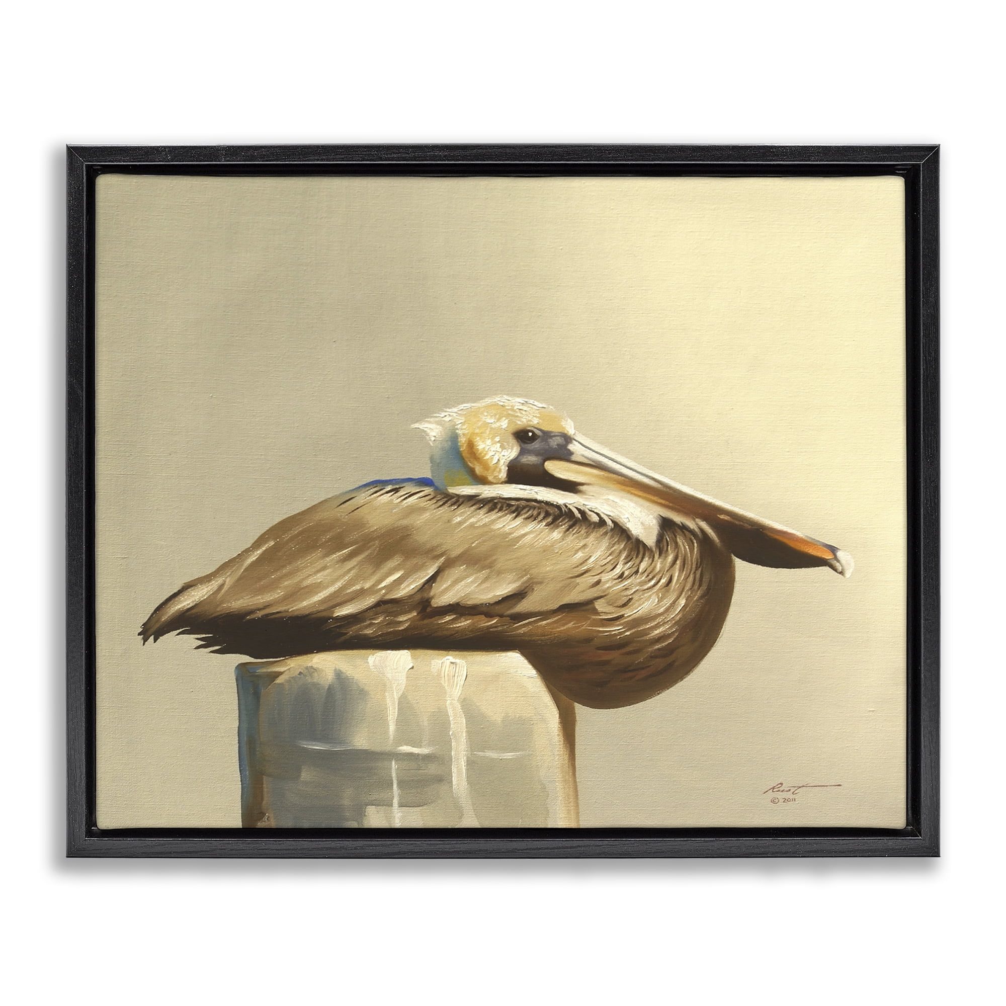 Stupell Industries Pelican Resting on Dock Animals & Insects Painting Black Floater Framed Canvas Art Print Wall Art, 31 x 25