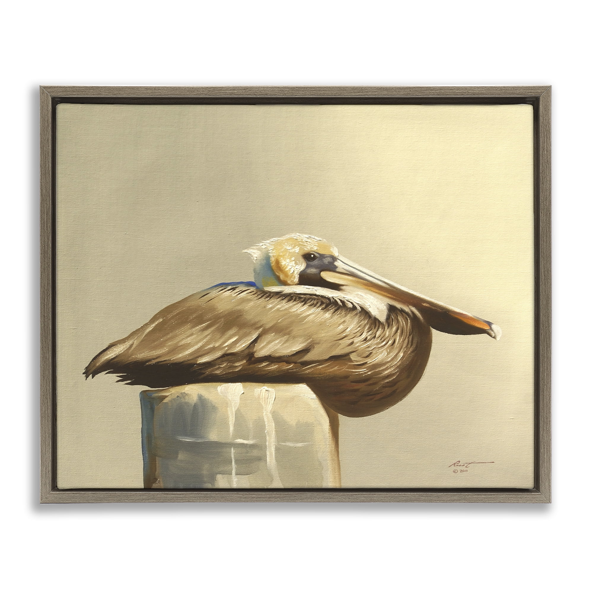 Stupell Industries Pelican Resting on Dock Animals & Insects Painting Brown Floater Framed Canvas Art Print Wall Art, 31 x 25