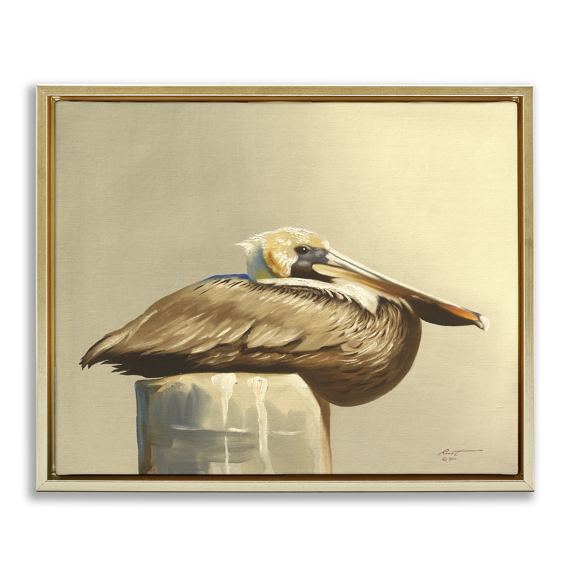 Stupell Industries Pelican Resting on Dock Animals & Insects Painting Gold Floater Framed Canvas Art Print Wall Art, 31 x 25