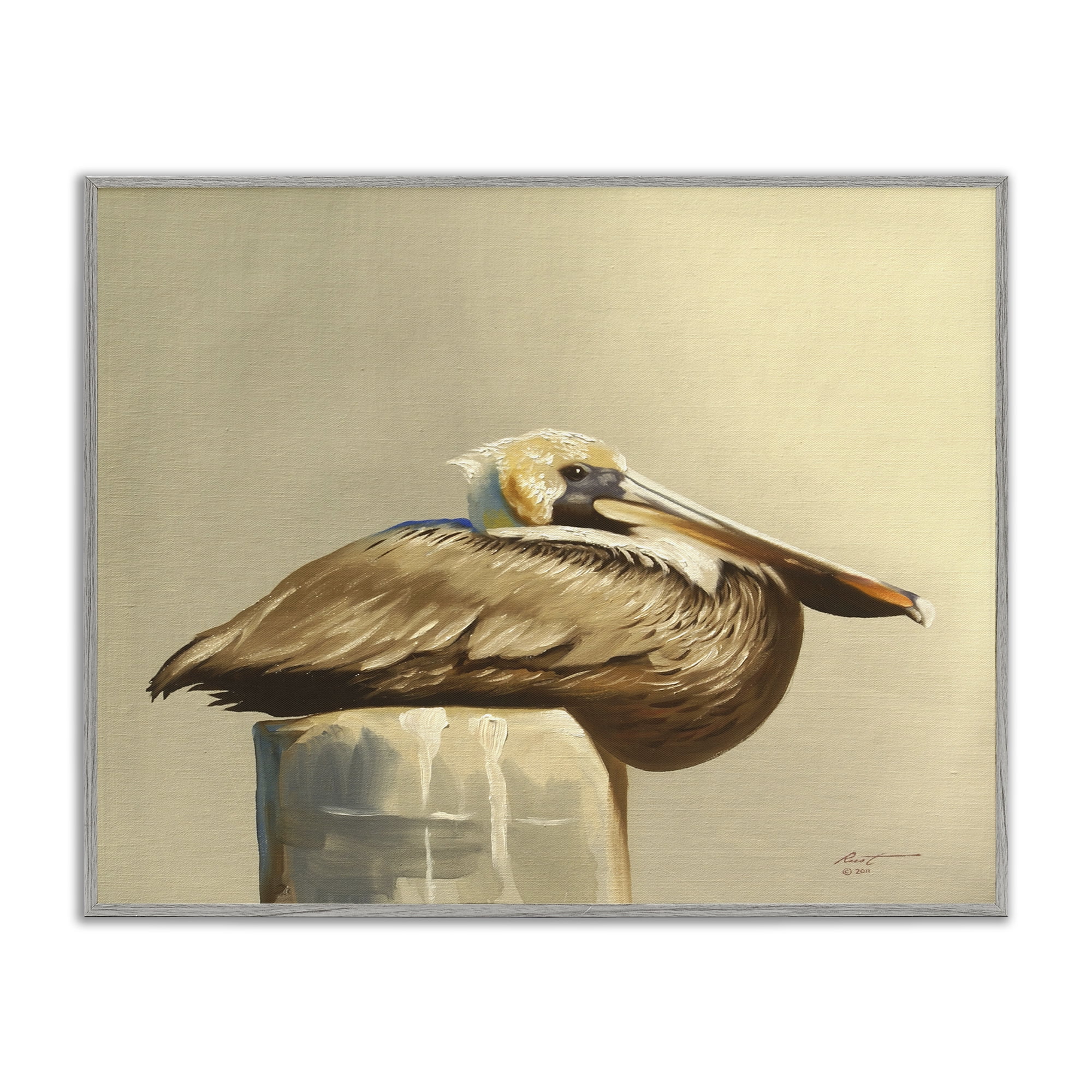 Stupell Industries Pelican Resting on Dock Animals & Insects Painting Gray Framed Art Print Wall Art, 14 x 11
