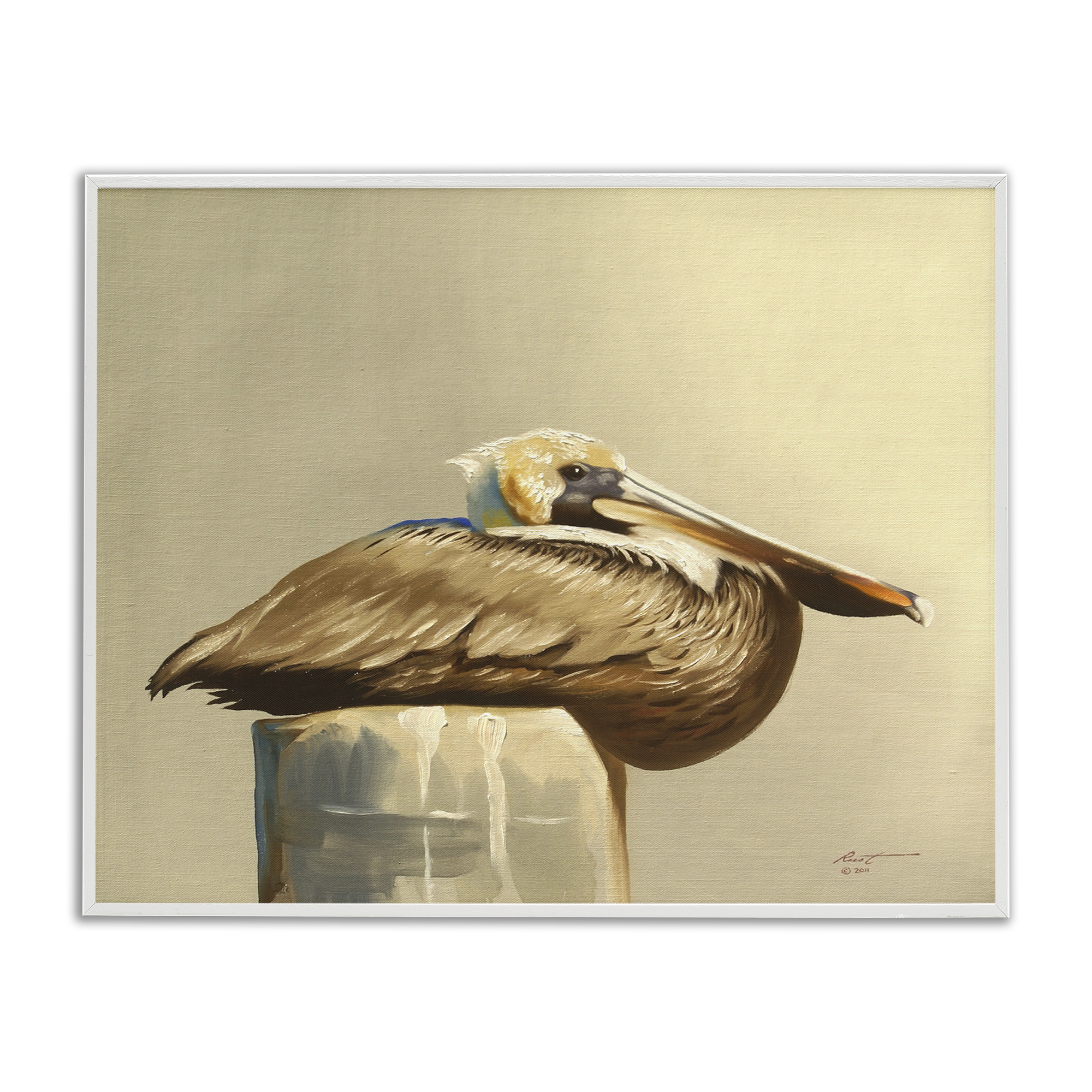 Stupell Industries Pelican Resting on Dock Animals & Insects Painting White Framed Art Print Wall Art, 14 x 11