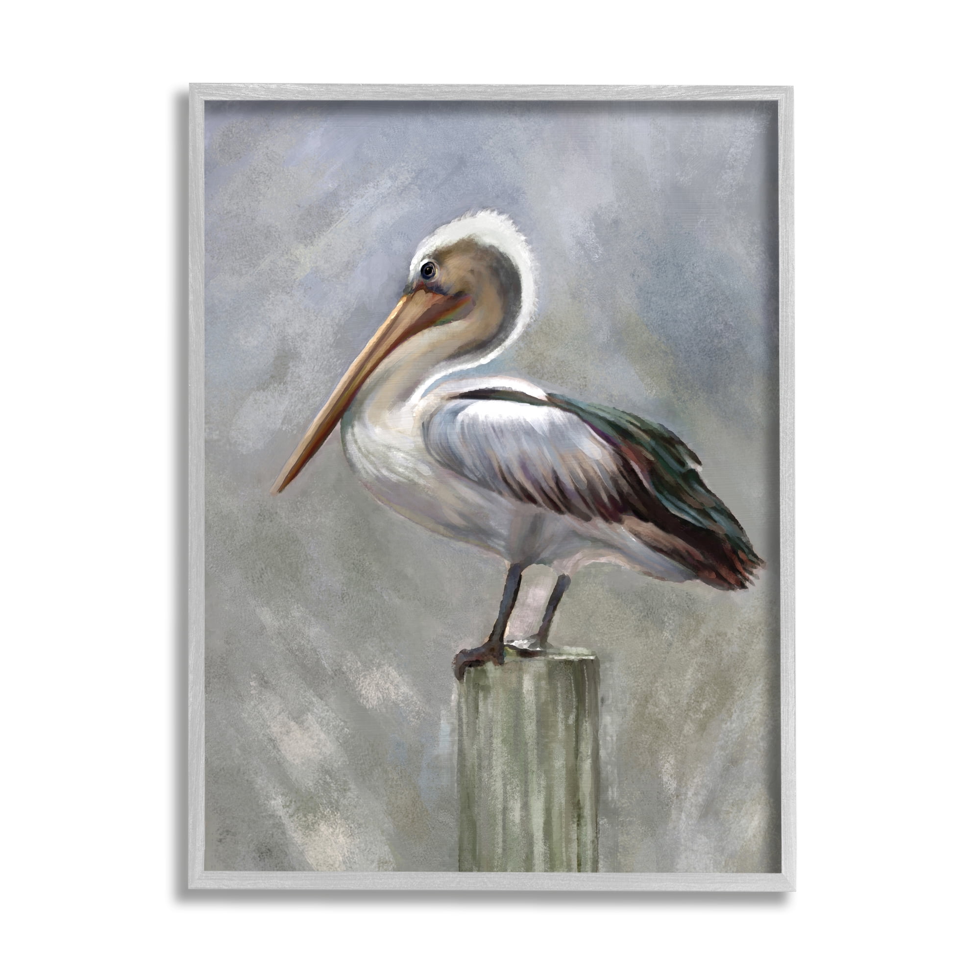 Stupell Industries Pelican Resting on Wooden Pillar Soft Grey,16 x 20,Designed by Heather Hayes