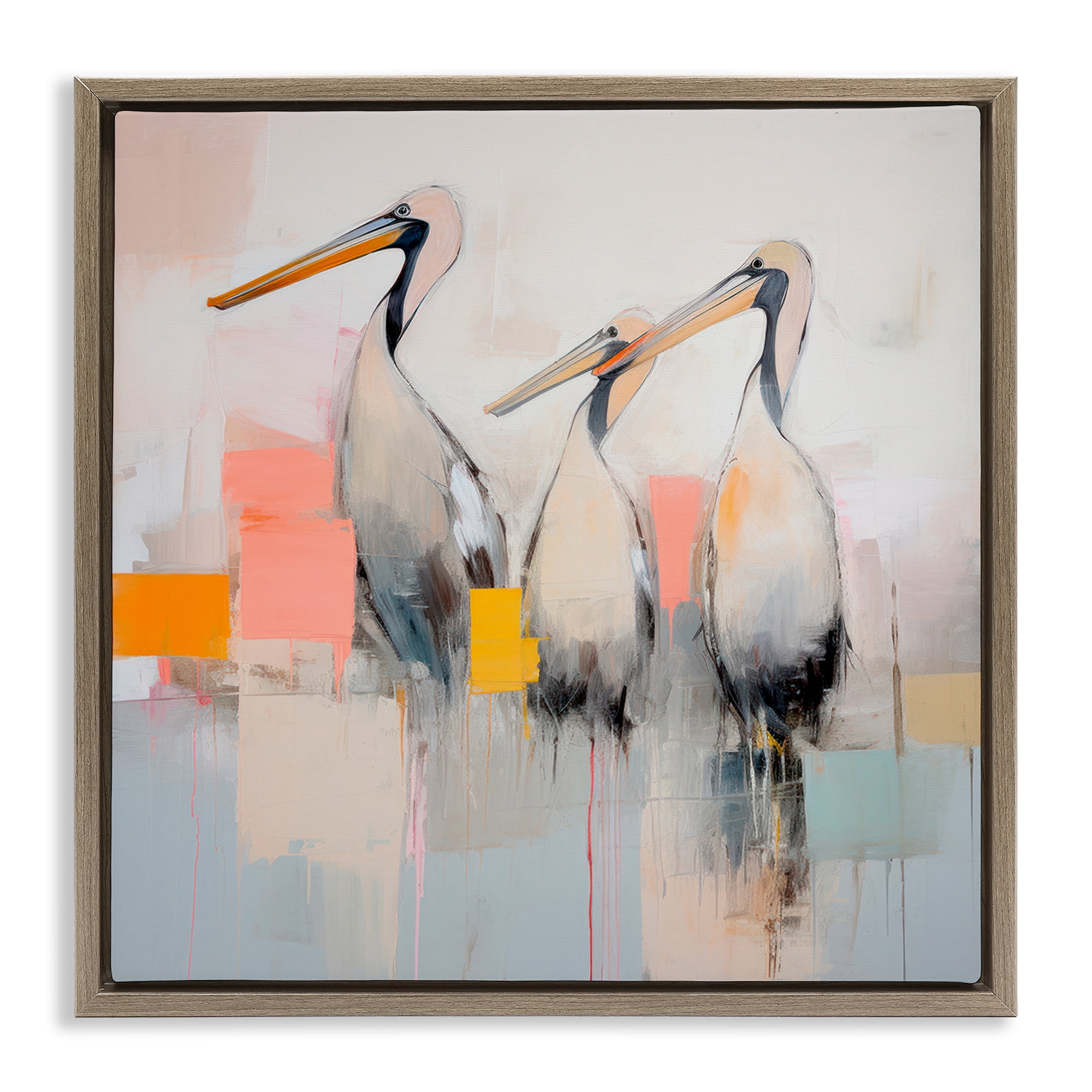 Stupell Industries Pelican Trio Abstract Animals & Insects Painting Brown Floater Framed Canvas Art Print Wall Art, 18 x 18