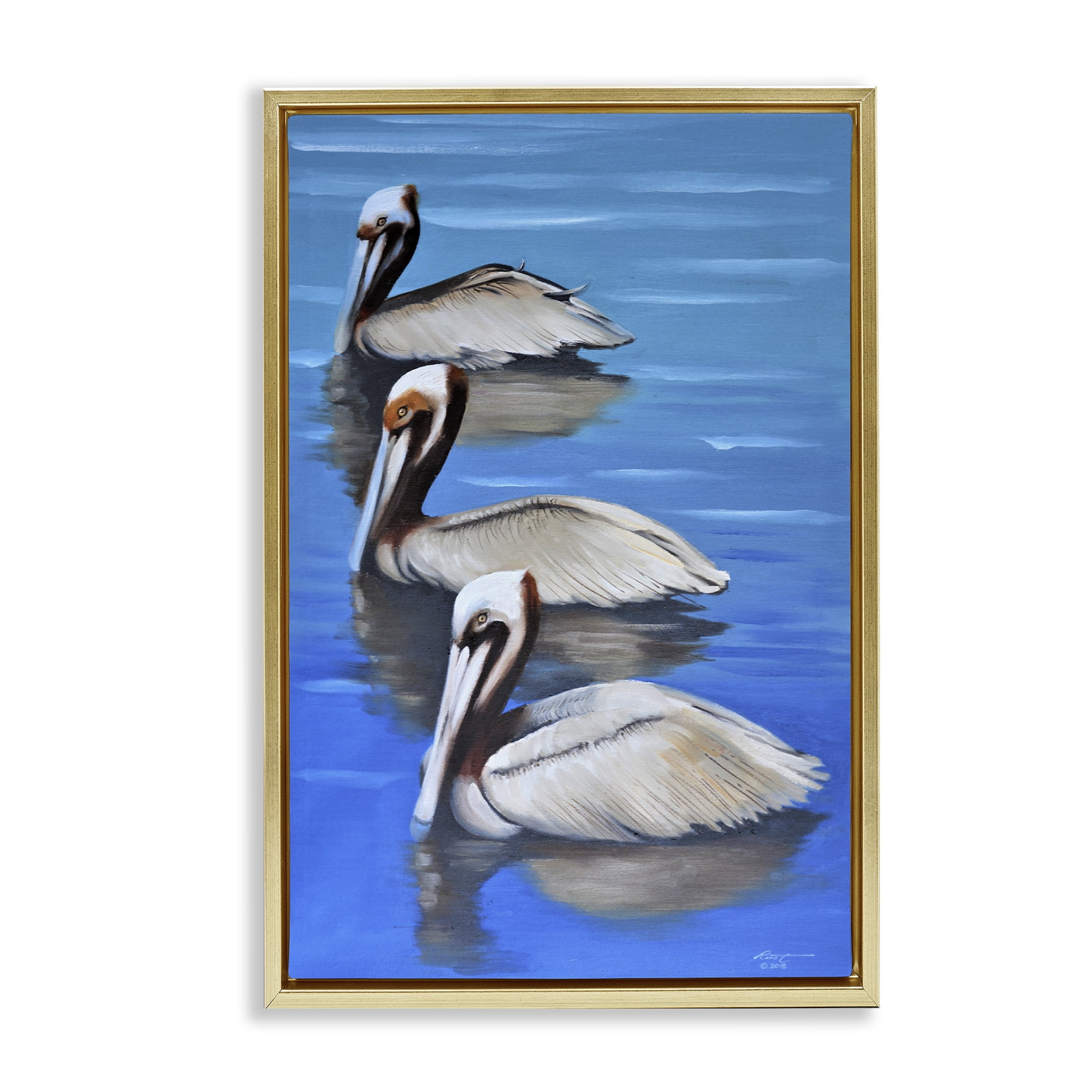 Stupell Industries Pelican Trio Drifting Animals & Insects Painting Gold Floater Framed Canvas Art Print Wall Art, 17 x 25