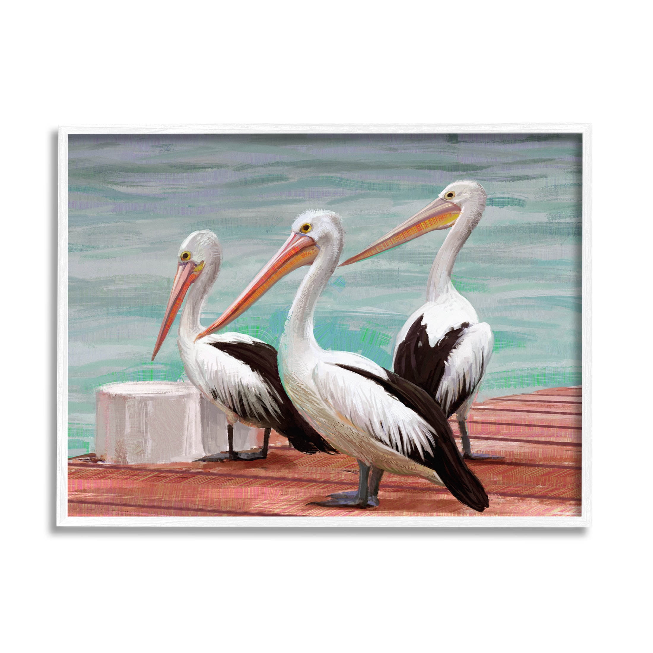 Stupell Industries Pelican Trio Port Dock Graphic Art White Framed Art Print Wall Art, Design by Ziwei Li