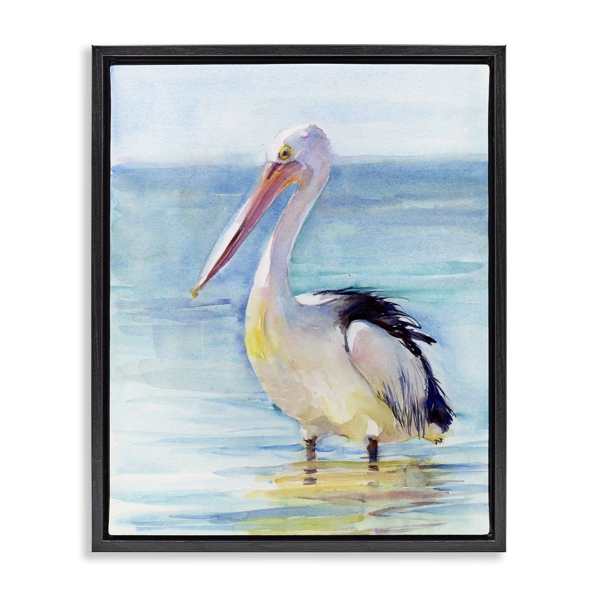 Stupell Industries Pelican Wading in Sea Nautical & Beach Painting Black Floater Framed Canvas Art Print Wall Art, 17 x 21