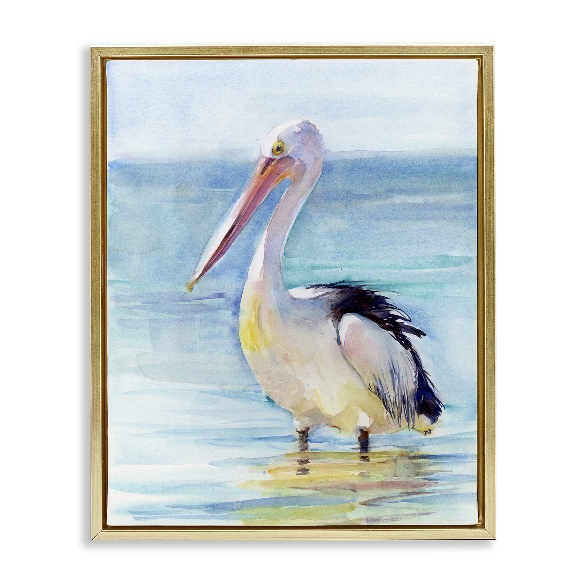 Stupell Industries Pelican Wading in Sea Nautical & Beach Painting Gold Floater Framed Canvas Art Print Wall Art, 17 x 21