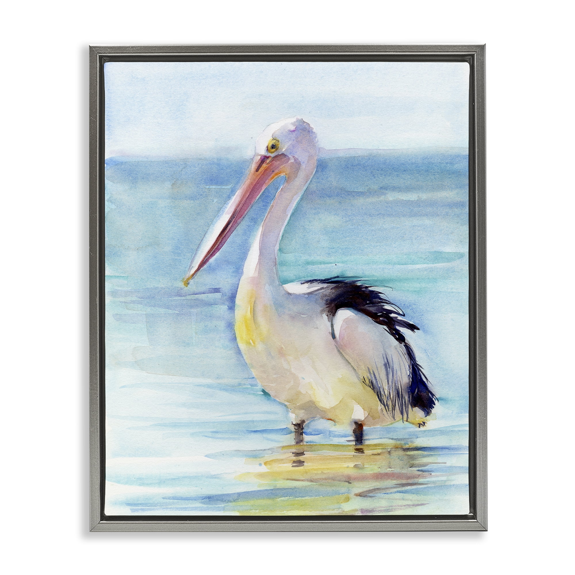 Stupell Industries Pelican Wading in Sea Nautical & Beach Painting Gray Floater Framed Canvas Art Print Wall Art, 17 x 21