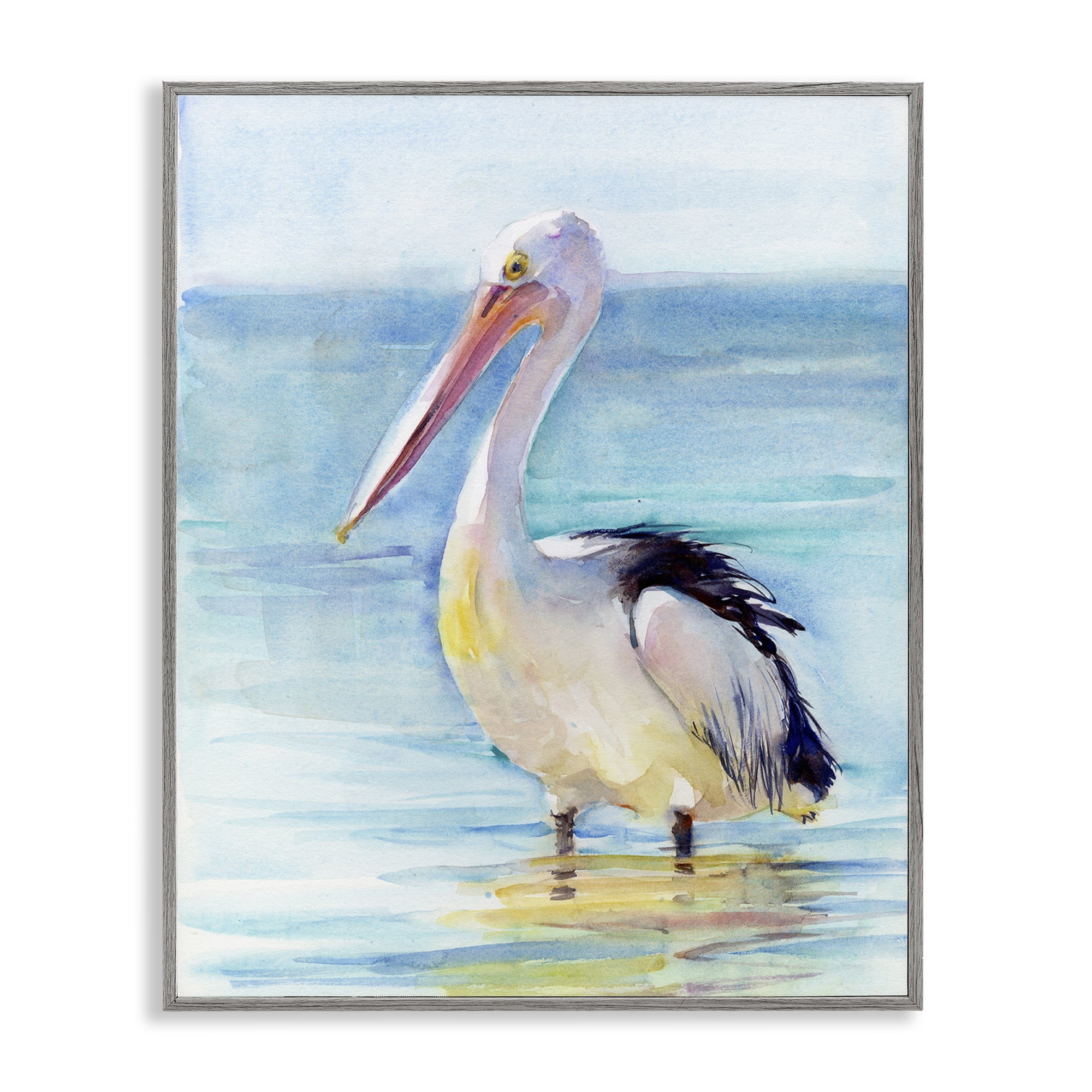 Stupell Industries Pelican Wading in Sea Nautical & Beach Painting Gray Framed Art Print Wall Art, 24 x 30