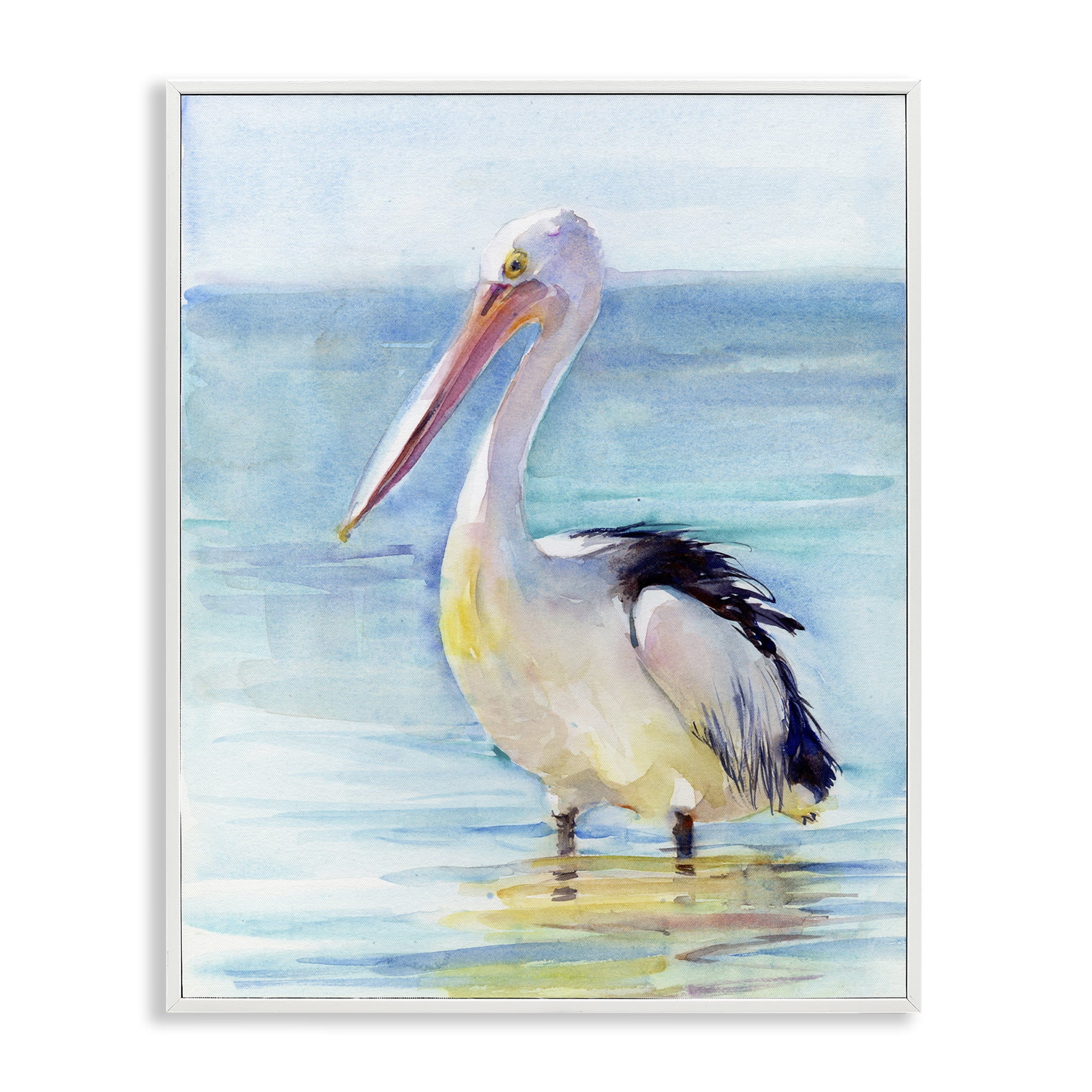 Stupell Industries Pelican Wading in Sea Nautical & Beach Painting White Framed Art Print Wall Art, 16 x 20