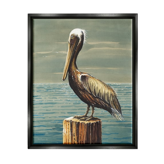 Stupell Industries Pelican and Cloudy Seascape Animals & Insects Painting Black Floater Framed Canvas Art Print Wall Art, 17 x 21