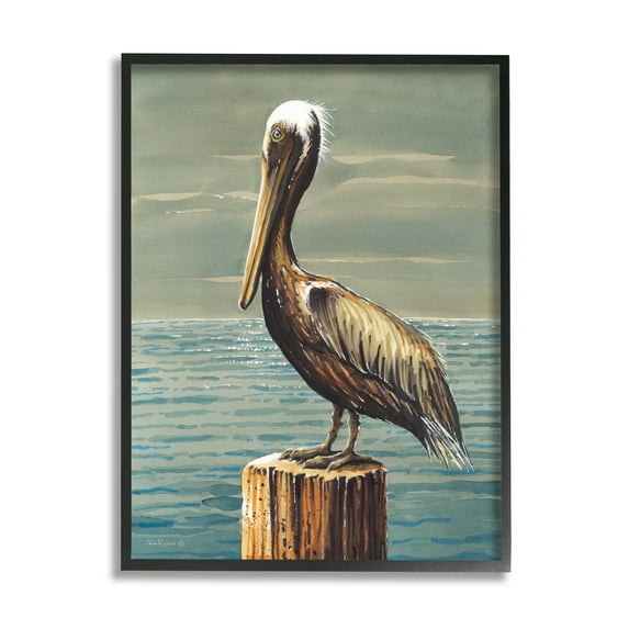 Stupell Industries Pelican and Cloudy Seascape Animals & Insects Painting Black Framed Art Print Wall Art, 11 x 14