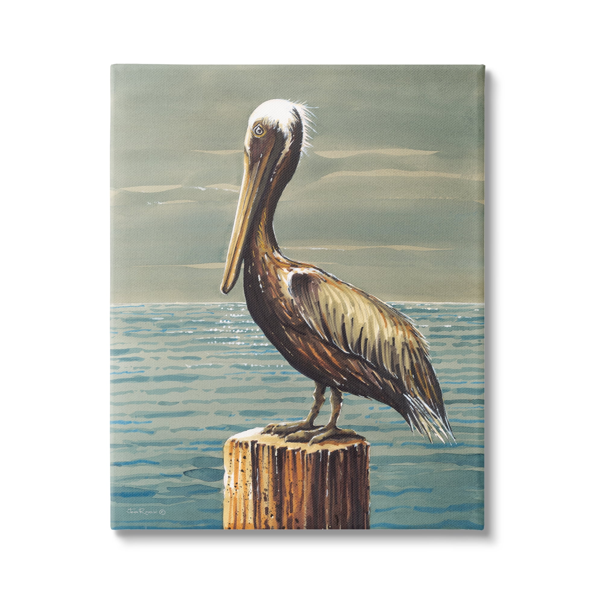 Stupell Industries Pelican and Cloudy Seascape Animals & Insects Painting Gallery Wrapped Canvas Art Print Wall Art, 16 x 20