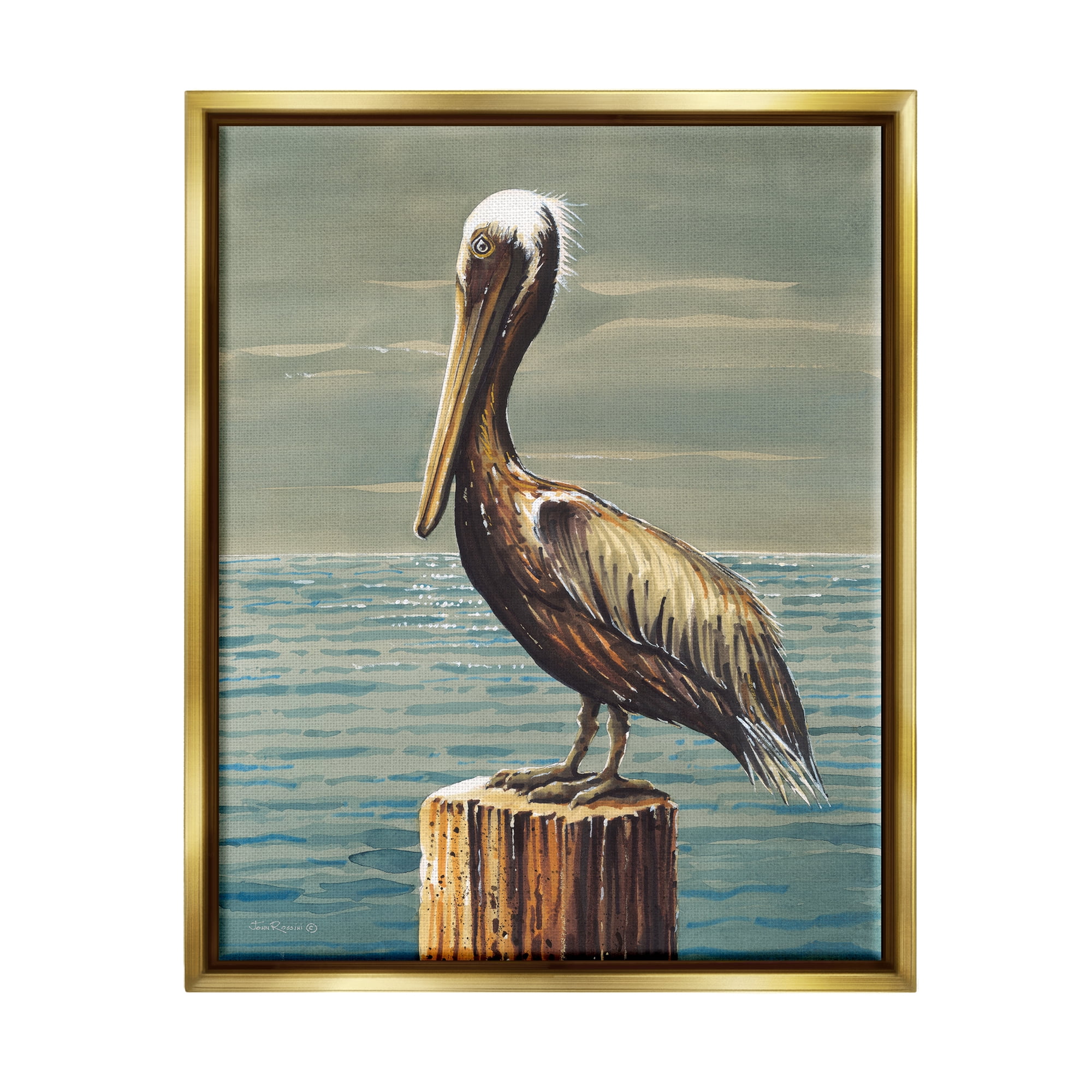 Stupell Industries Pelican and Cloudy Seascape Animals & Insects Painting Gold Floater Framed Canvas Art Print Wall Art, 17 x 21