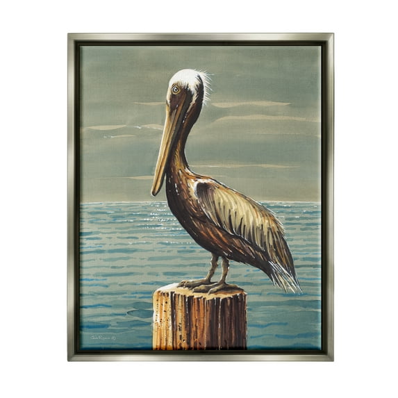 Stupell Industries Pelican and Cloudy Seascape Animals & Insects Painting Gray Floater Framed Canvas Art Print Wall Art, 17 x 21