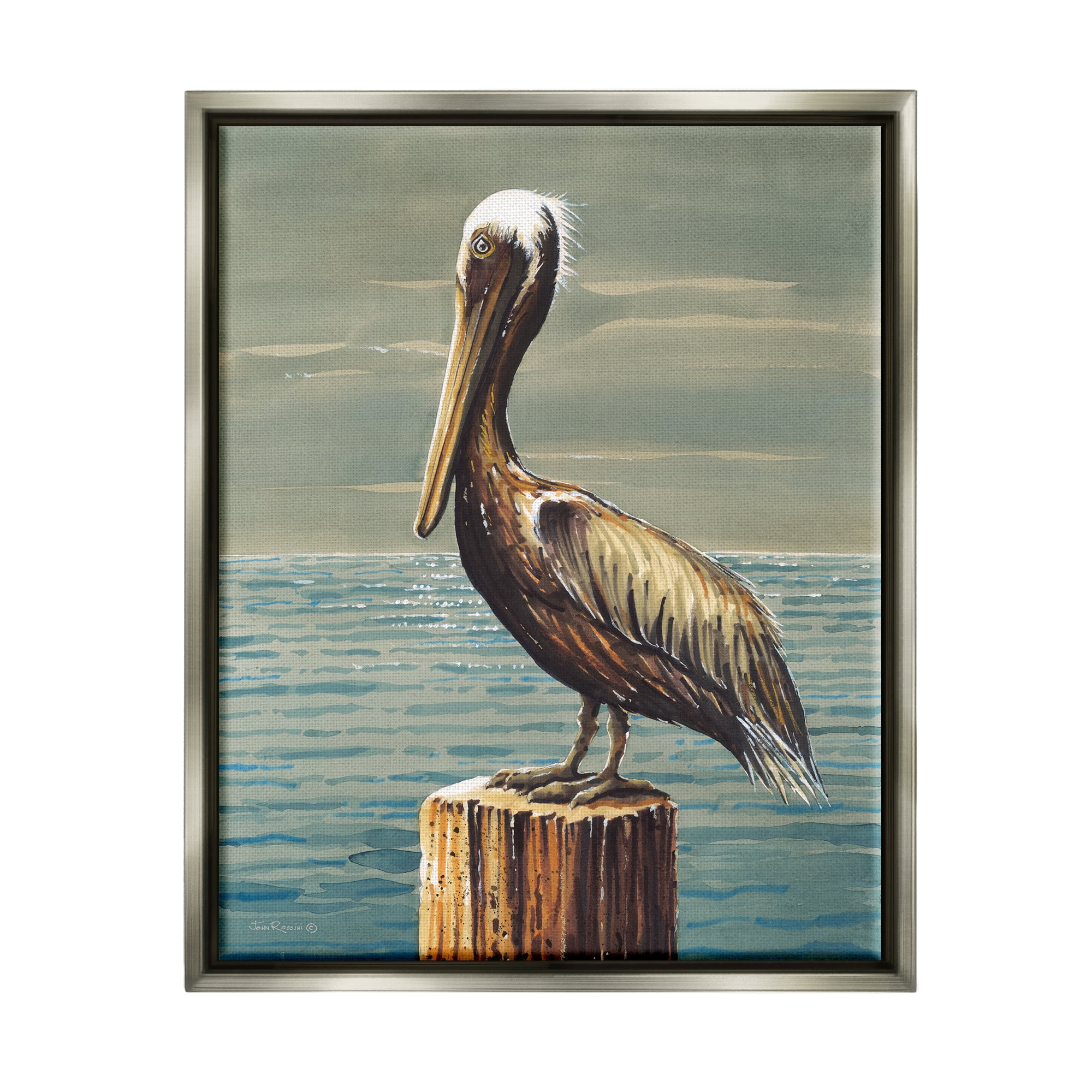 Stupell Industries Pelican and Cloudy Seascape Animals & Insects Painting Gray Floater Framed Canvas Art Print Wall Art, 25 x 31