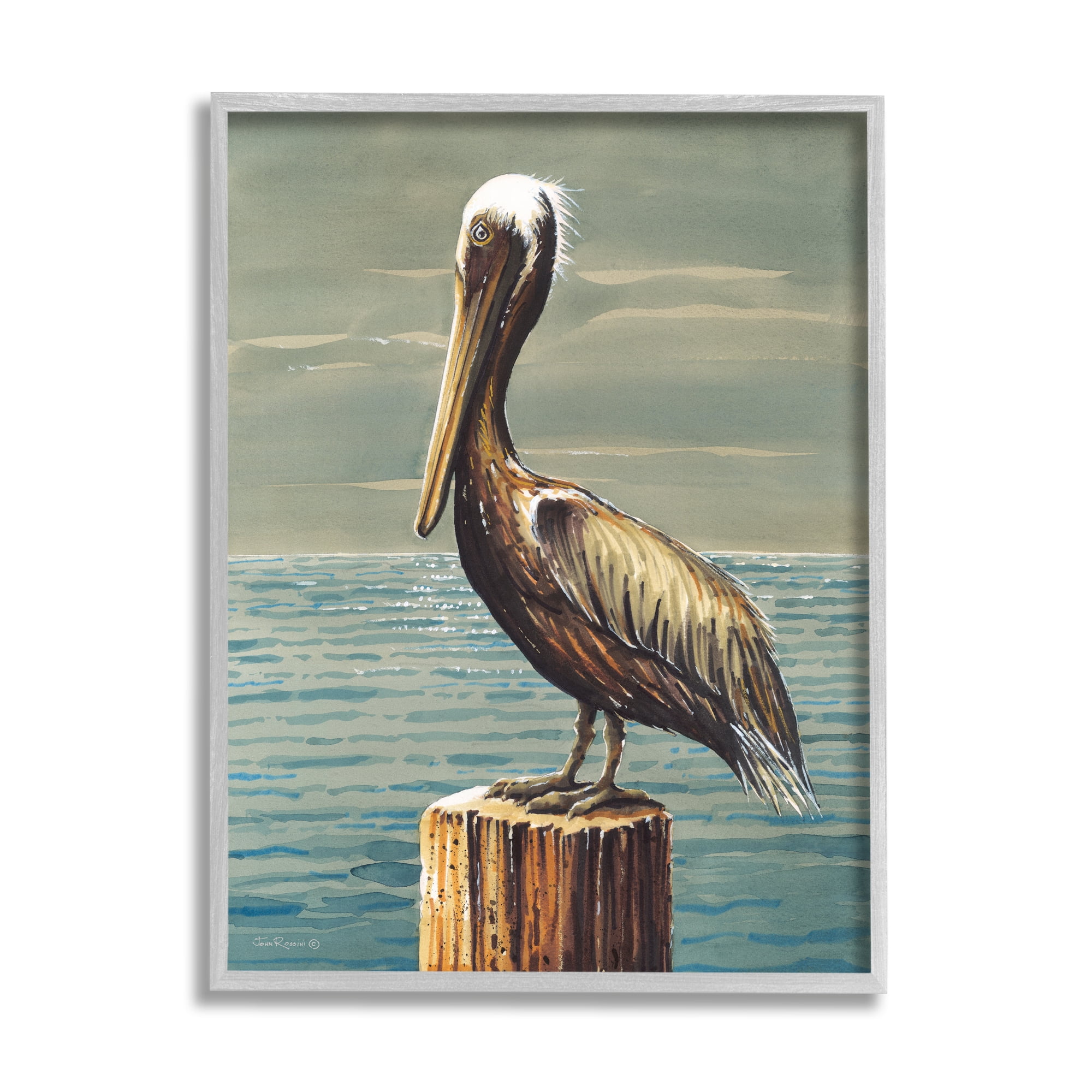 Stupell Industries Pelican and Cloudy Seascape Animals & Insects Painting Gray Framed Art Print Wall Art, 11 x 14