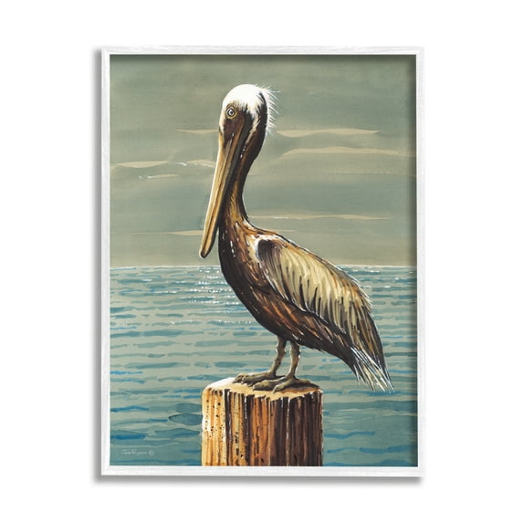 Stupell Industries Pelican and Cloudy Seascape Animals & Insects Painting White Framed Art Print Wall Art, 11 x 14