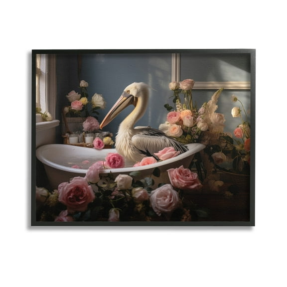 Stupell Industries Pelican in Rose Filled Tub Animals & Insects Painting Black Framed Art Print Wall Art, 14 x 11
