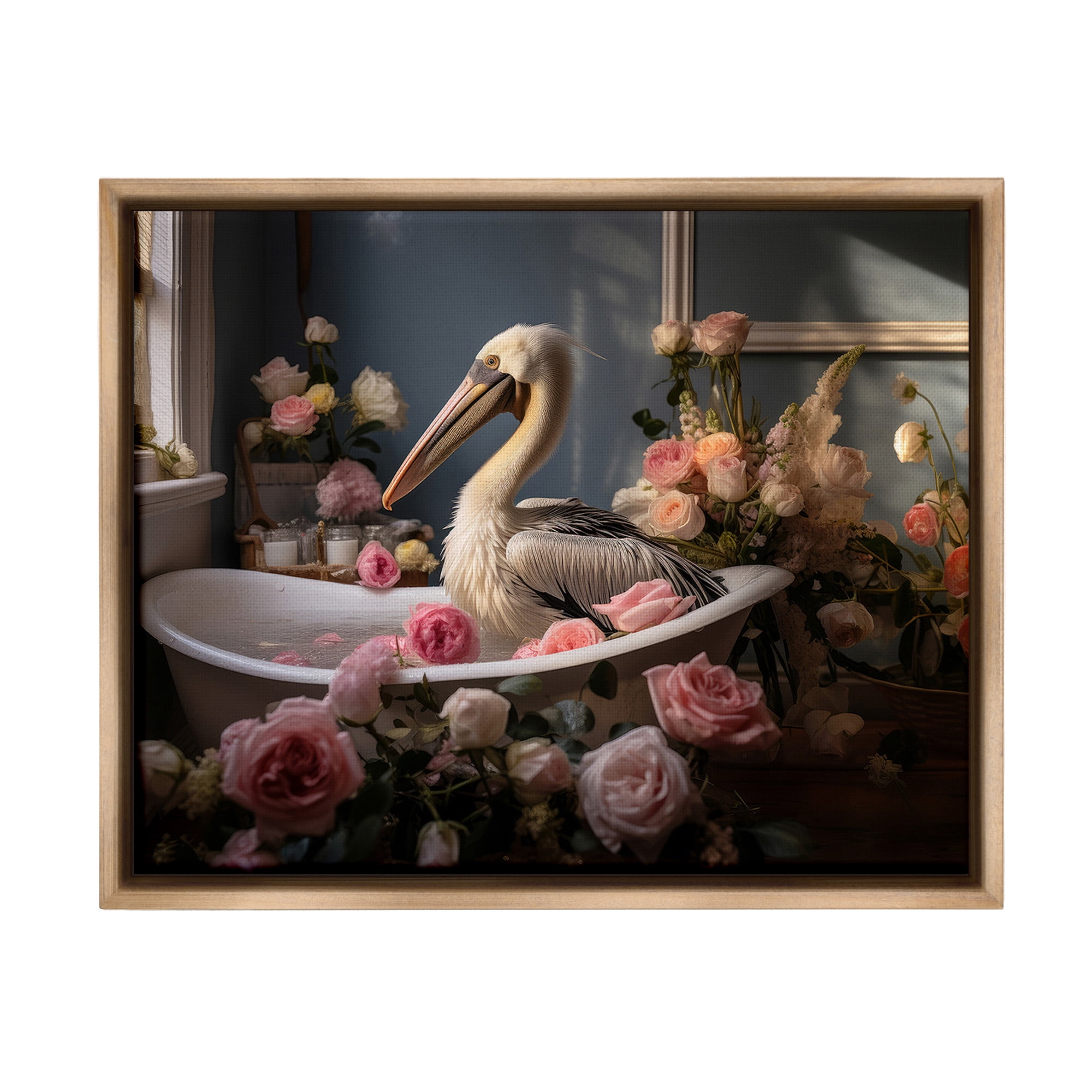 Stupell Industries Pelican in Rose Filled Tub Animals & Insects Painting Brown Floater Framed Canvas Art Print Wall Art, 21 x 17