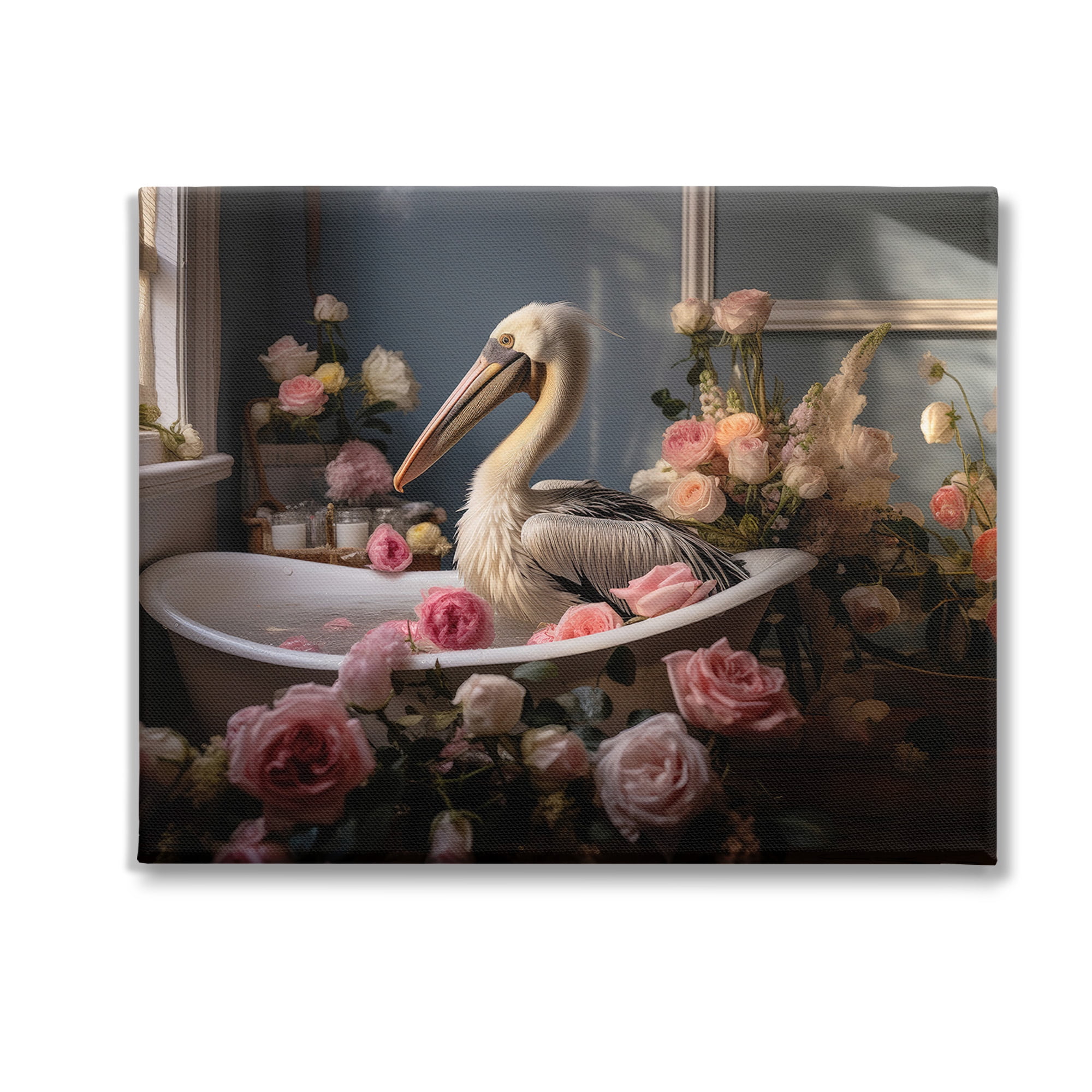 Stupell Industries Pelican in Rose Filled Tub Animals & Insects Painting Gallery Wrapped Canvas Art Print Wall Art, 30 x 24