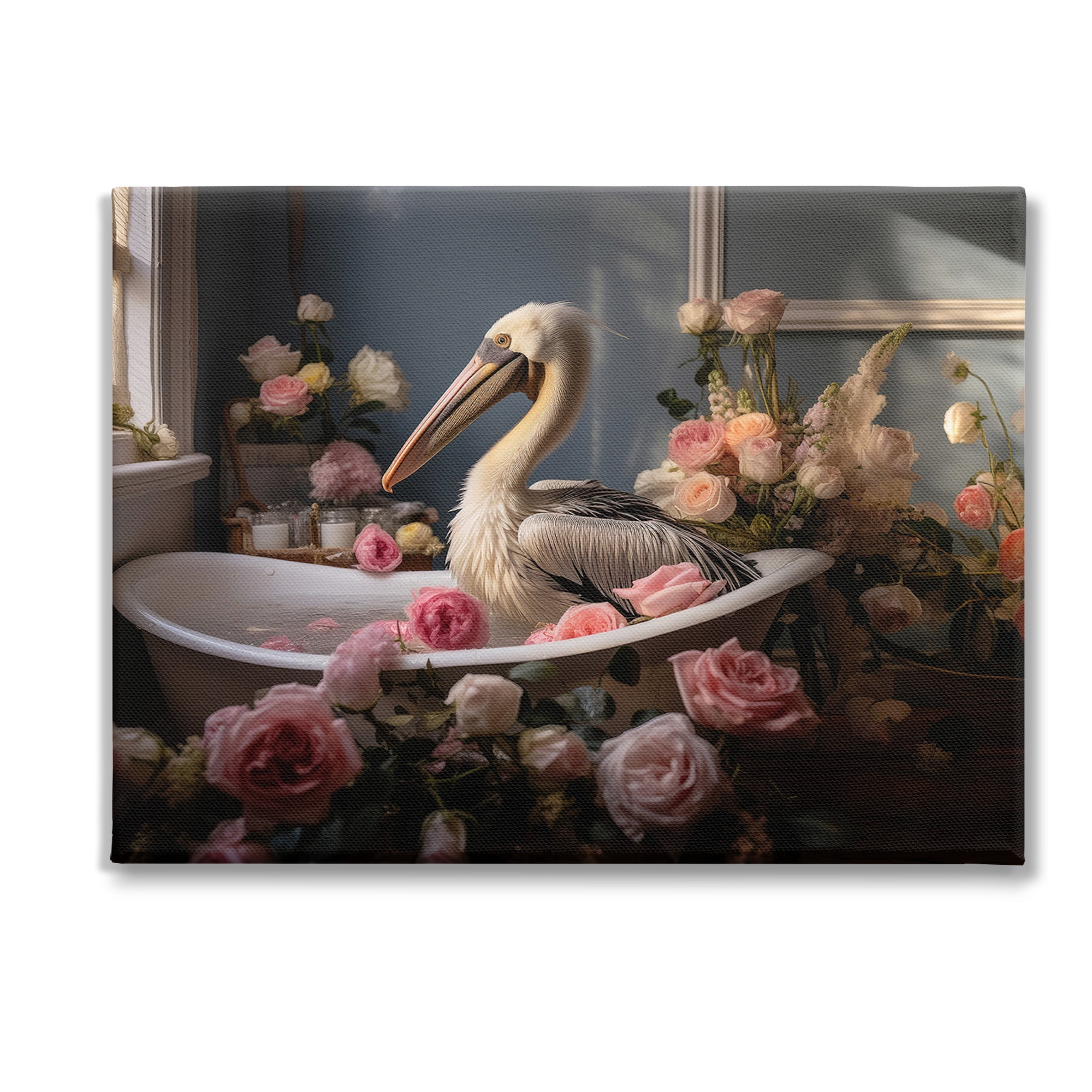 Stupell Industries Pelican in Rose Filled Tub Animals & Insects Painting Gallery Wrapped Canvas Art Print Wall Art, 40 x 30