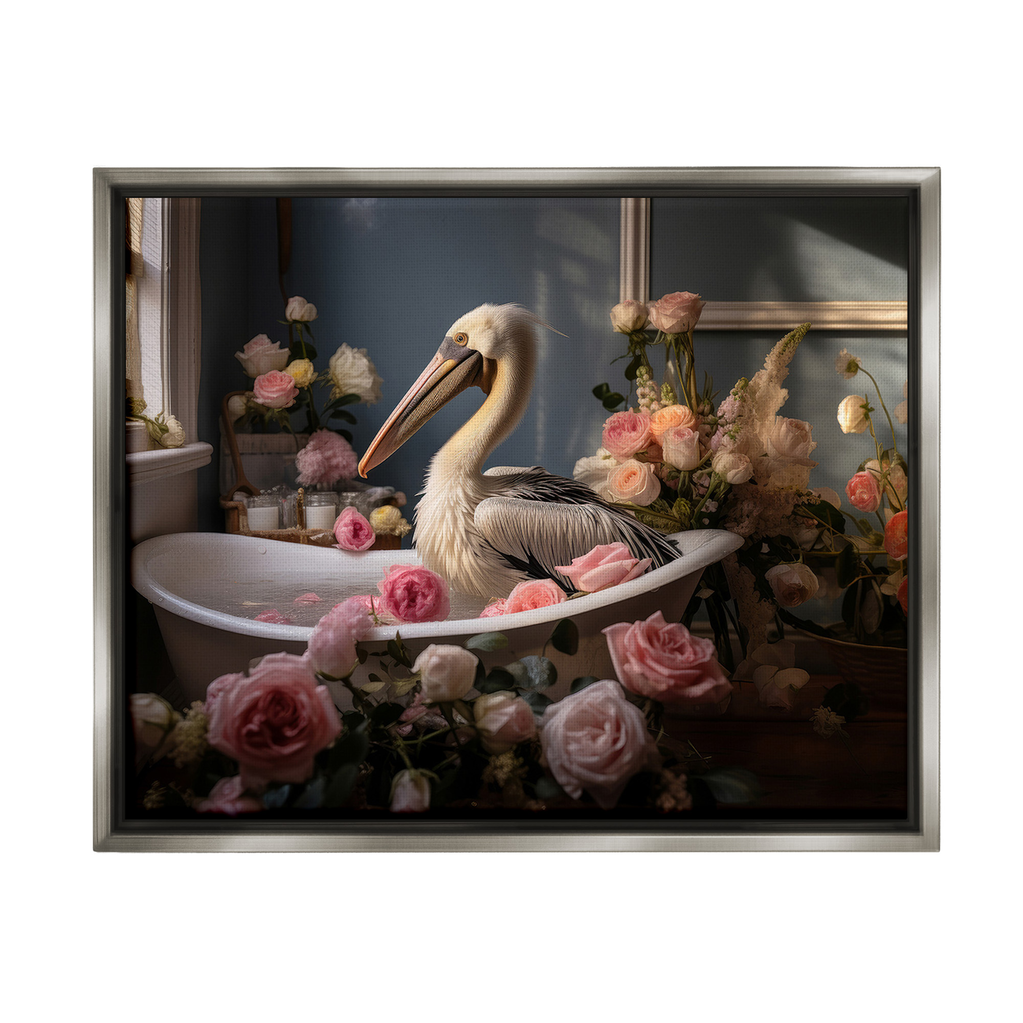 Stupell Industries Pelican in Rose Filled Tub Animals & Insects Painting Gray Floater Framed Canvas Art Print Wall Art, 31 x 25