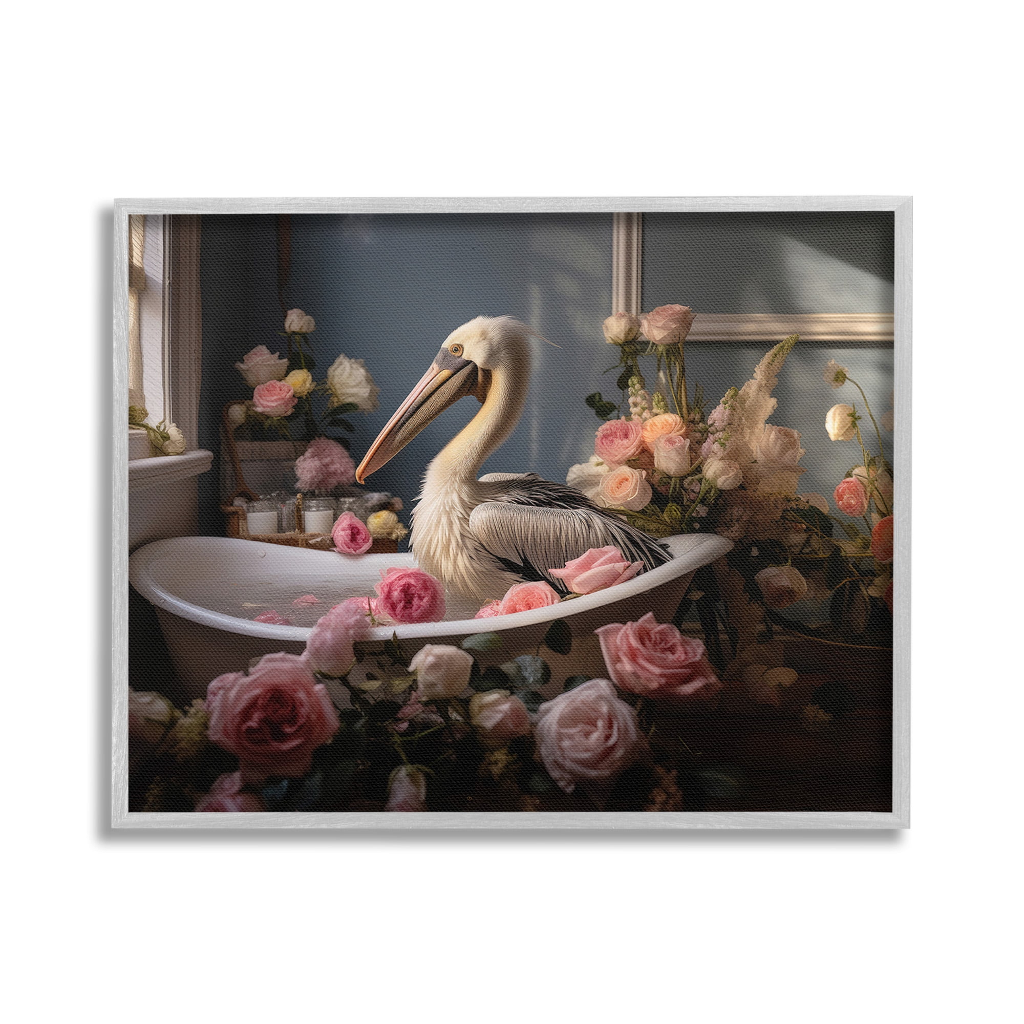 Stupell Industries Pelican in Rose Filled Tub Animals & Insects Painting Gray Framed Art Print Wall Art, 20 x 16
