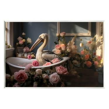Stupell Industries Pelican in Rose Filled Tub Animals & Insects Painting Unframed Art Print Wall Art, 15 x 10