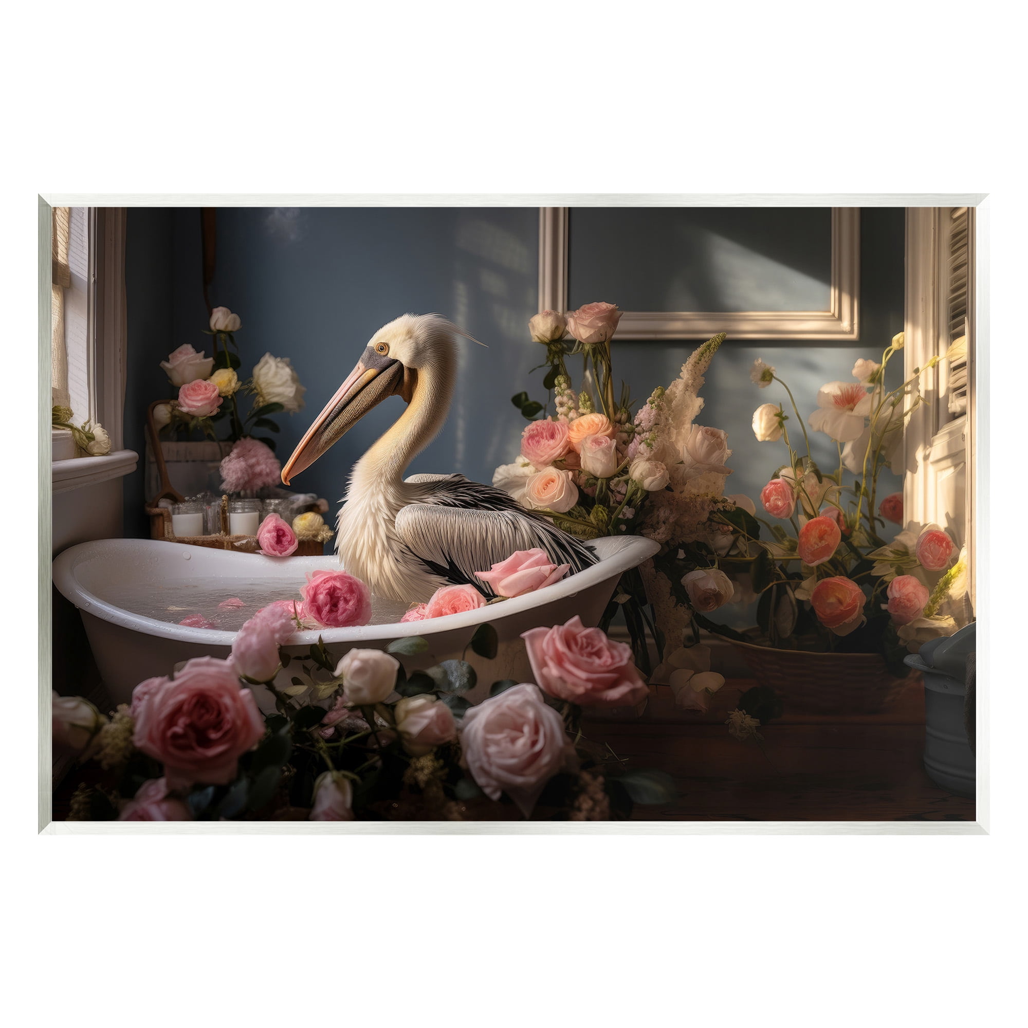Stupell Industries Pelican in Rose Filled Tub Animals & Insects Painting Unframed Art Print Wall Art, 19 x 13