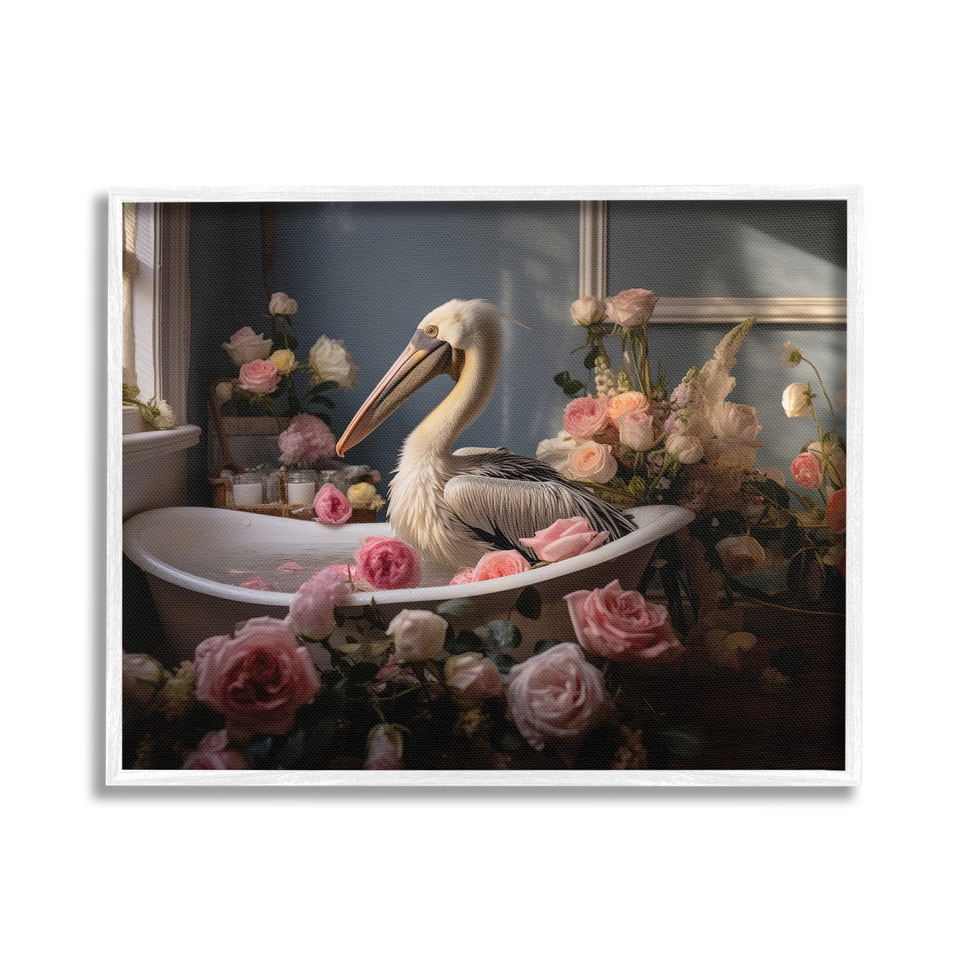 Stupell Industries Pelican in Rose Filled Tub Animals & Insects Painting White Framed Art Print Wall Art, 20 x 16