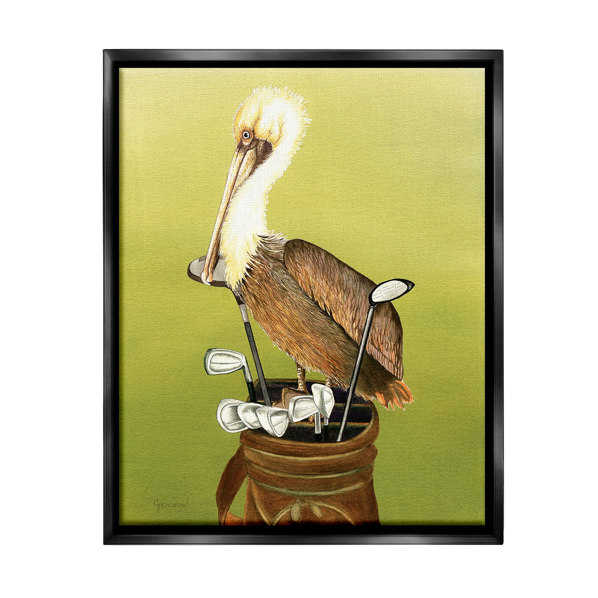 Stupell Industries Pelican on Golf Clubs Animals & Insects Painting Black Floater Framed Canvas Art Print Wall Art, 25 x 31