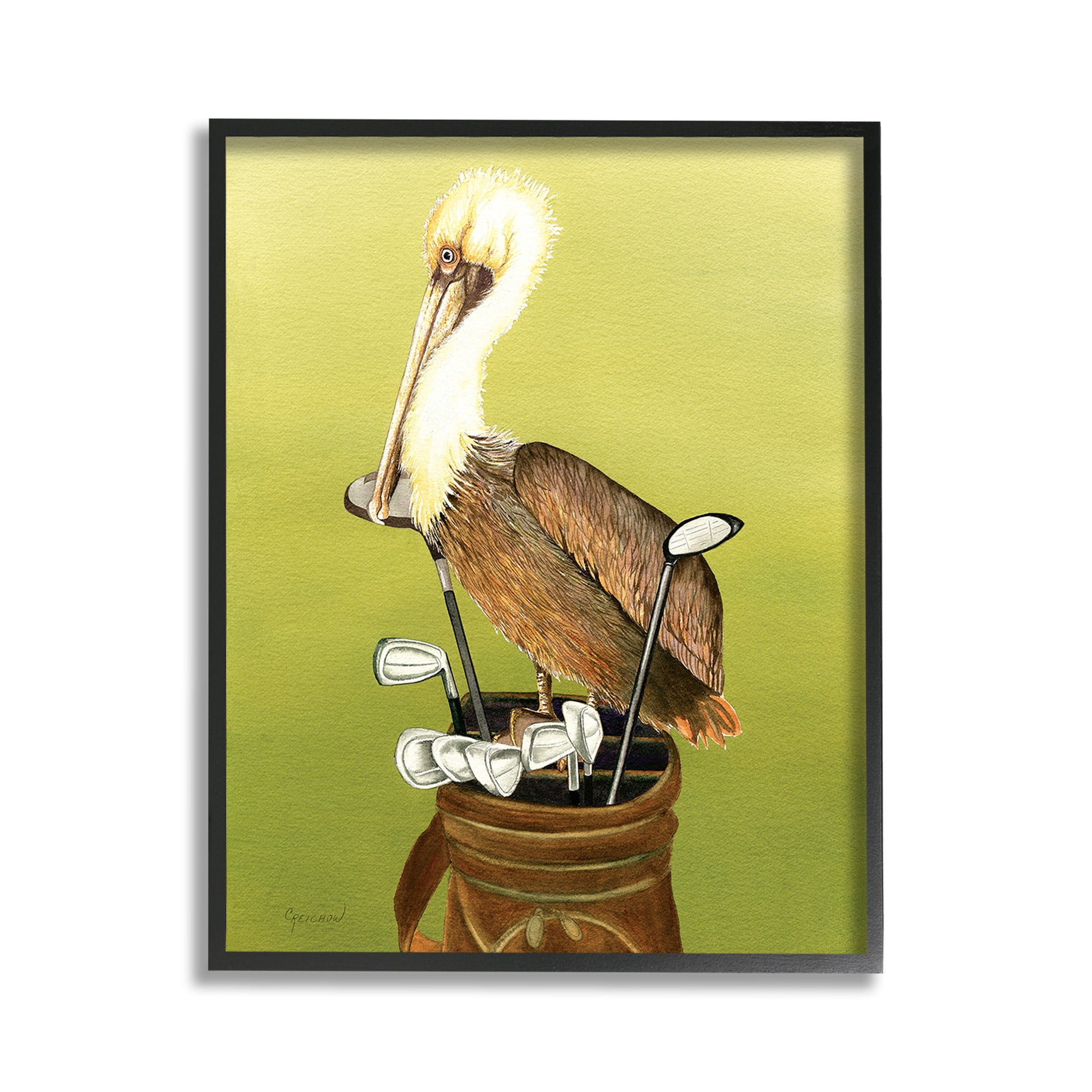 Stupell Industries Pelican on Golf Clubs Animals & Insects Painting Black Framed Art Print Wall Art, 11 x 14