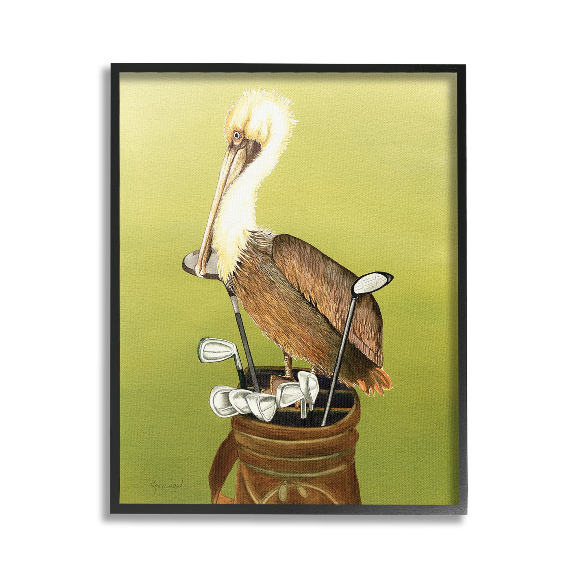 Stupell Industries Pelican on Golf Clubs Animals & Insects Painting Black Framed Art Print Wall Art, 24 x 30