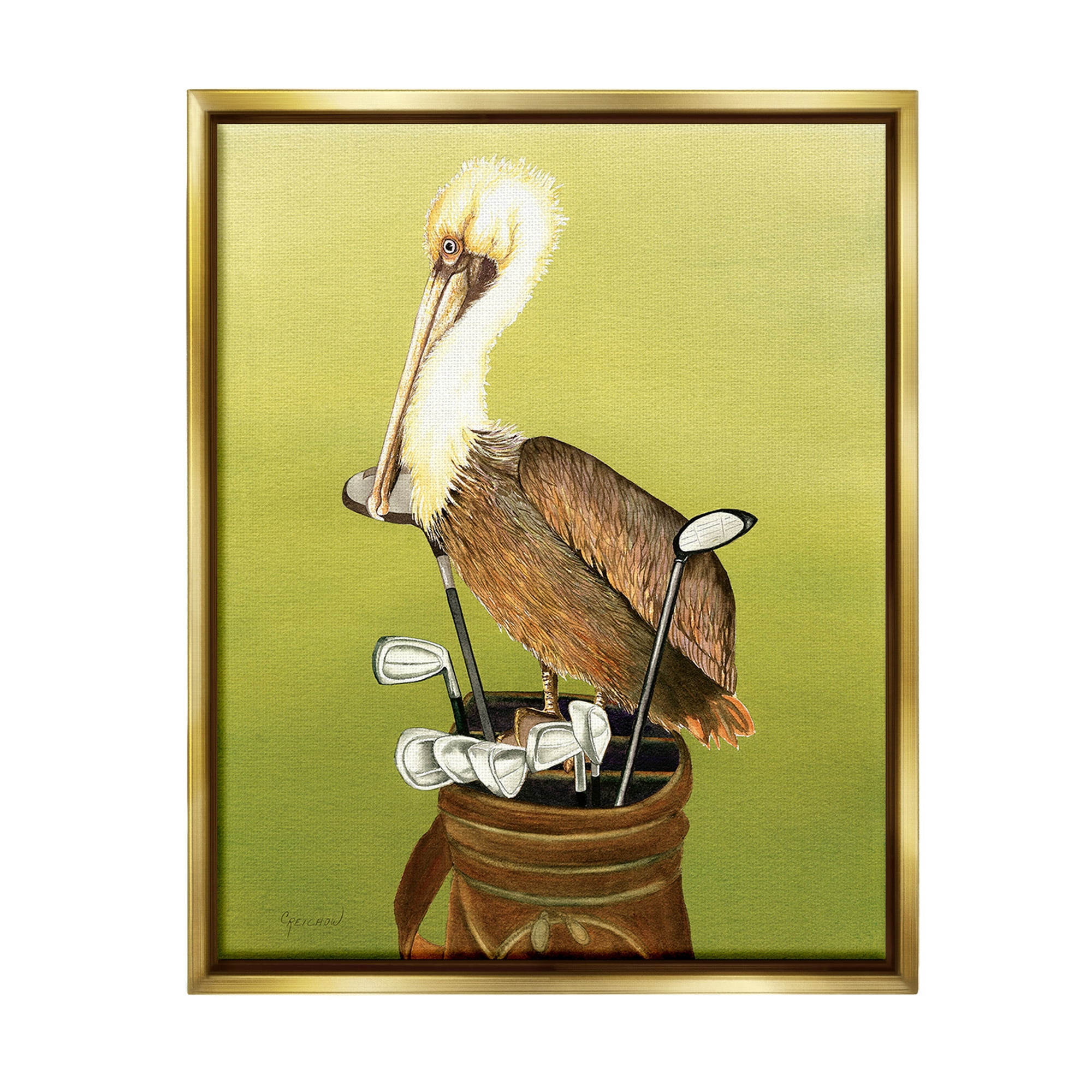 Stupell Industries Pelican on Golf Clubs Animals & Insects Painting Gold Floater Framed Canvas Art Print Wall Art, 25 x 31