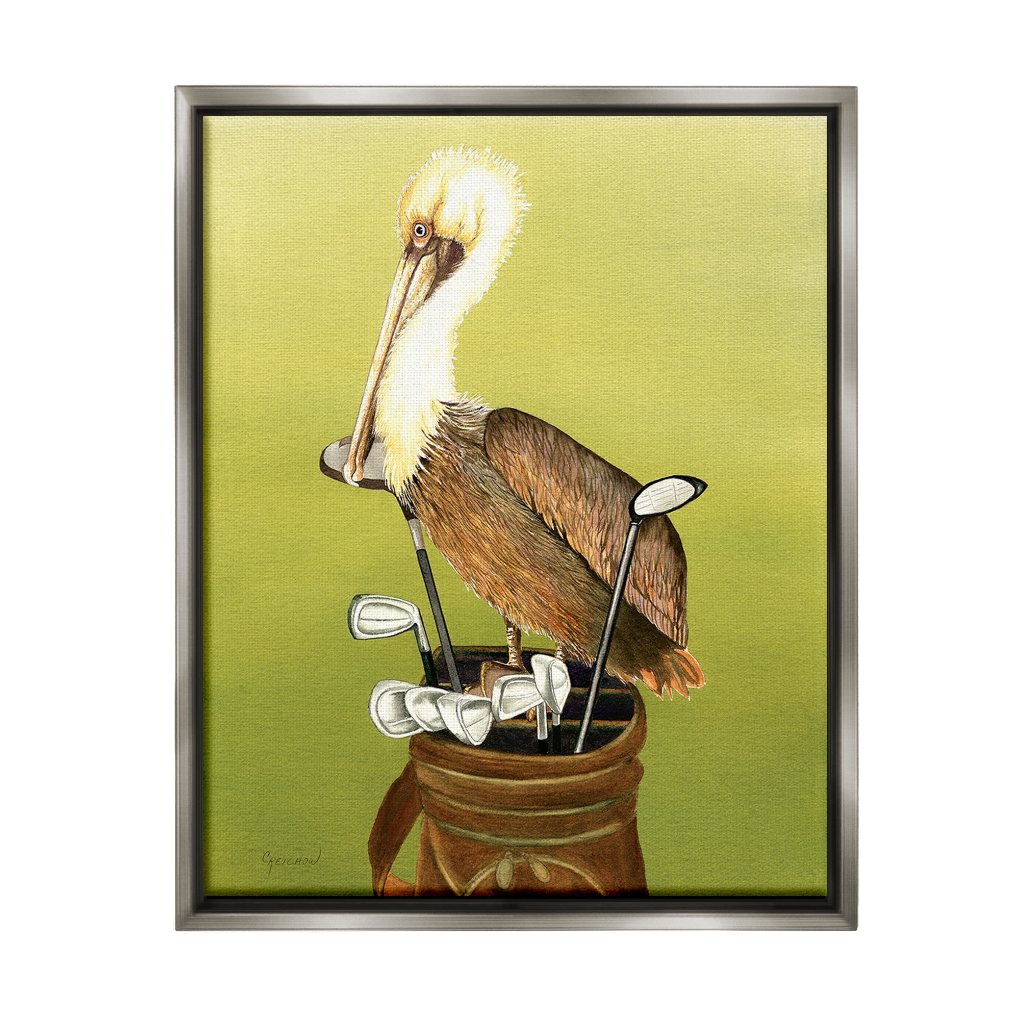 Stupell Industries Pelican on Golf Clubs Animals & Insects Painting Gray Floater Framed Canvas Art Print Wall Art, 17 x 21
