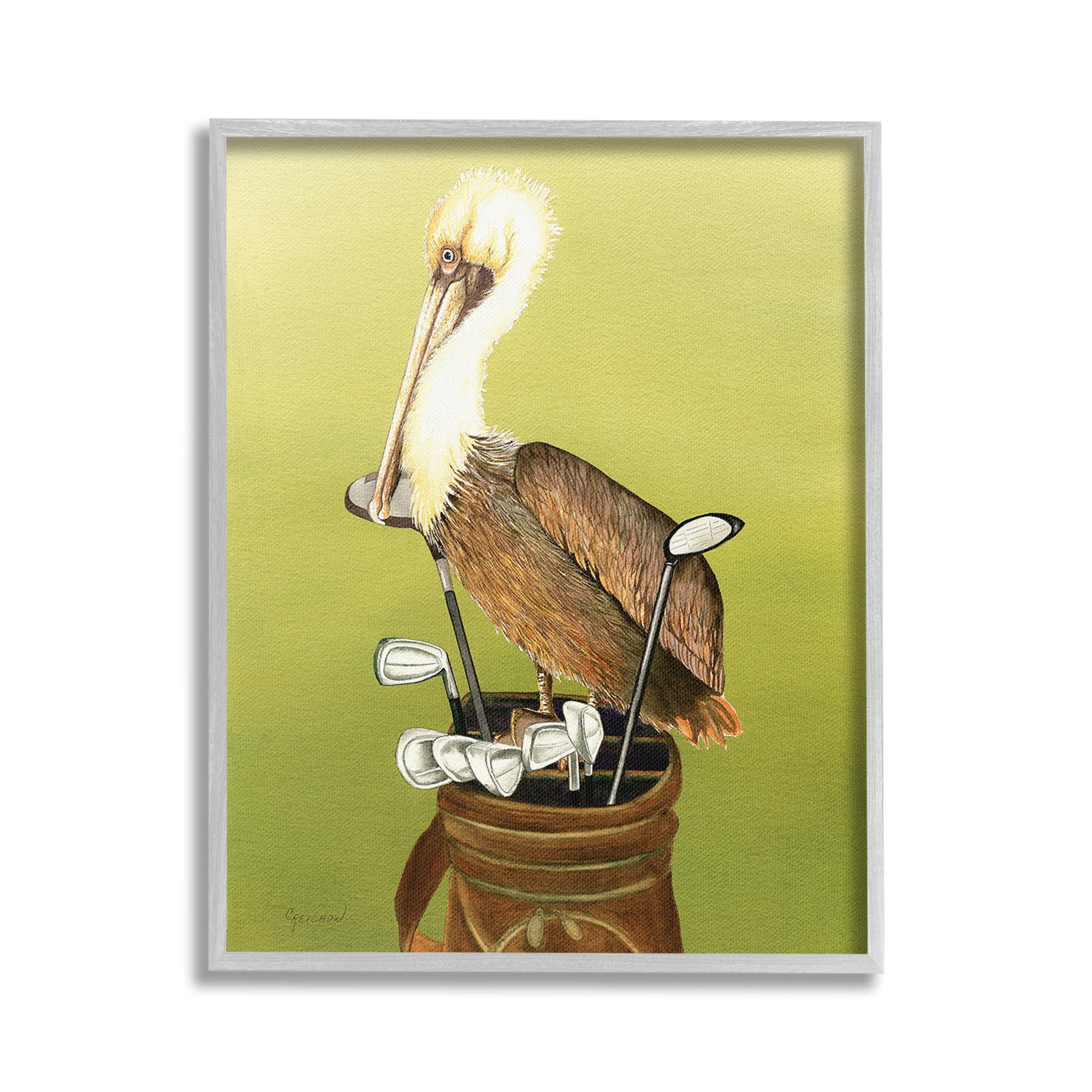 Stupell Industries Pelican on Golf Clubs Animals & Insects Painting Gray Framed Art Print Wall Art, 24 x 30