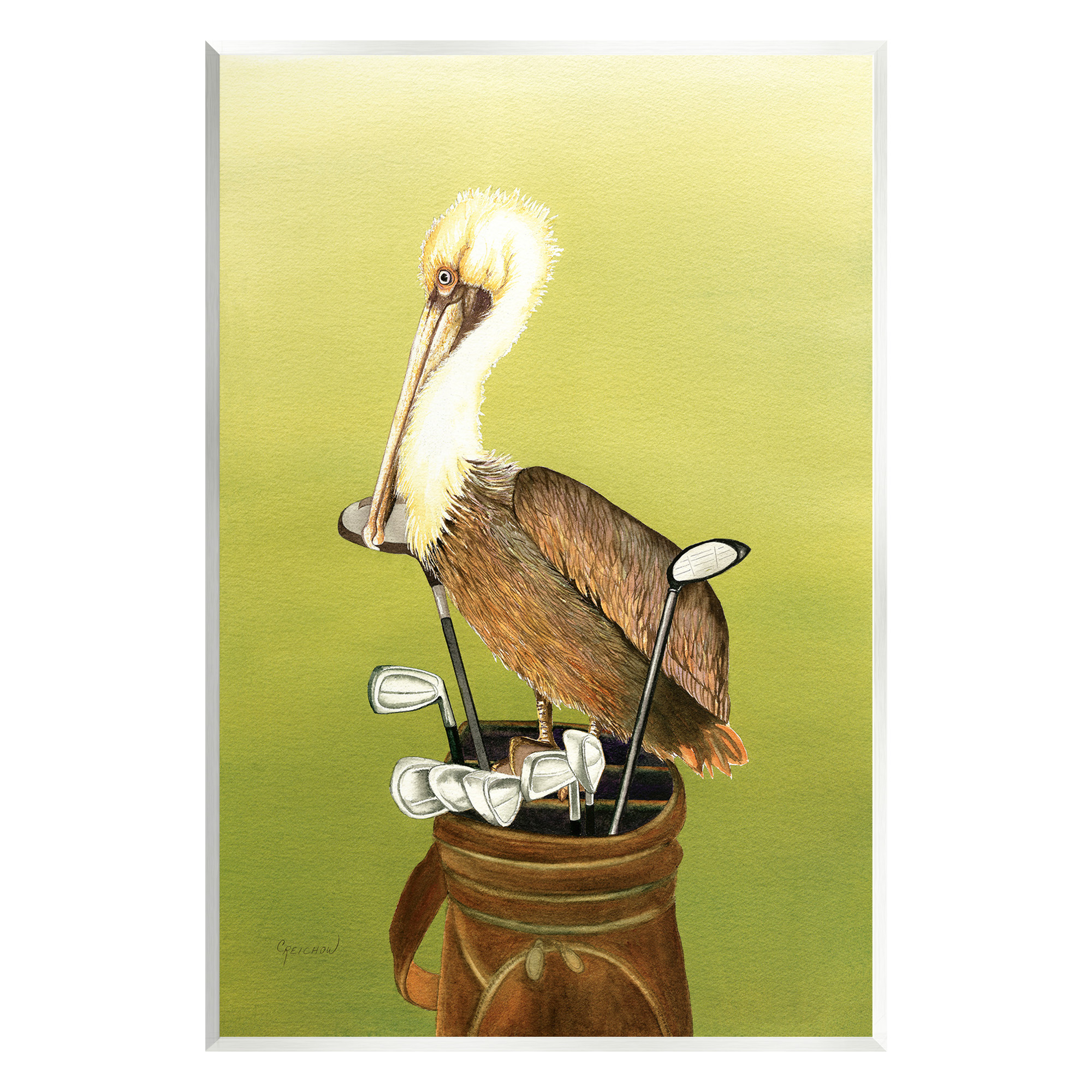 Stupell Industries Pelican on Golf Clubs Animals & Insects Painting Unframed Art Print Wall Art, 13 x 19