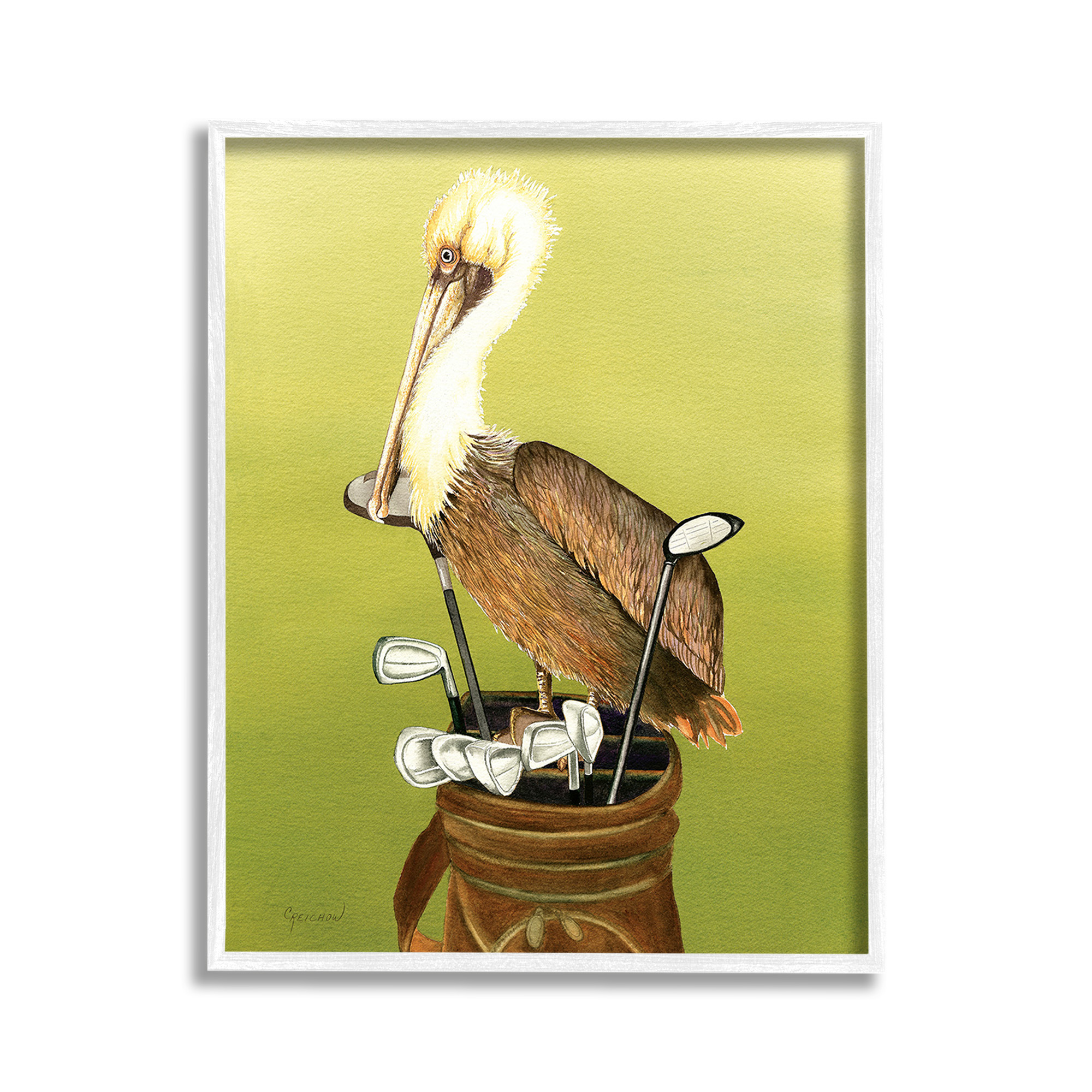 Stupell Industries Pelican on Golf Clubs Animals & Insects Painting White Framed Art Print Wall Art, 11 x 14
