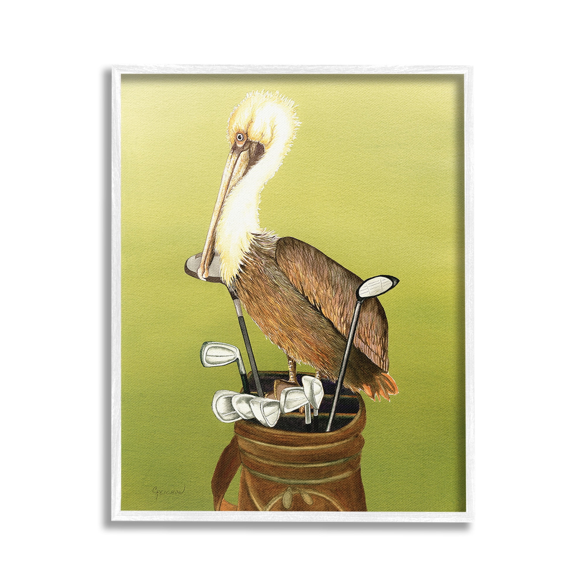Stupell Industries Pelican on Golf Clubs Animals & Insects Painting White Framed Art Print Wall Art, 24 x 30