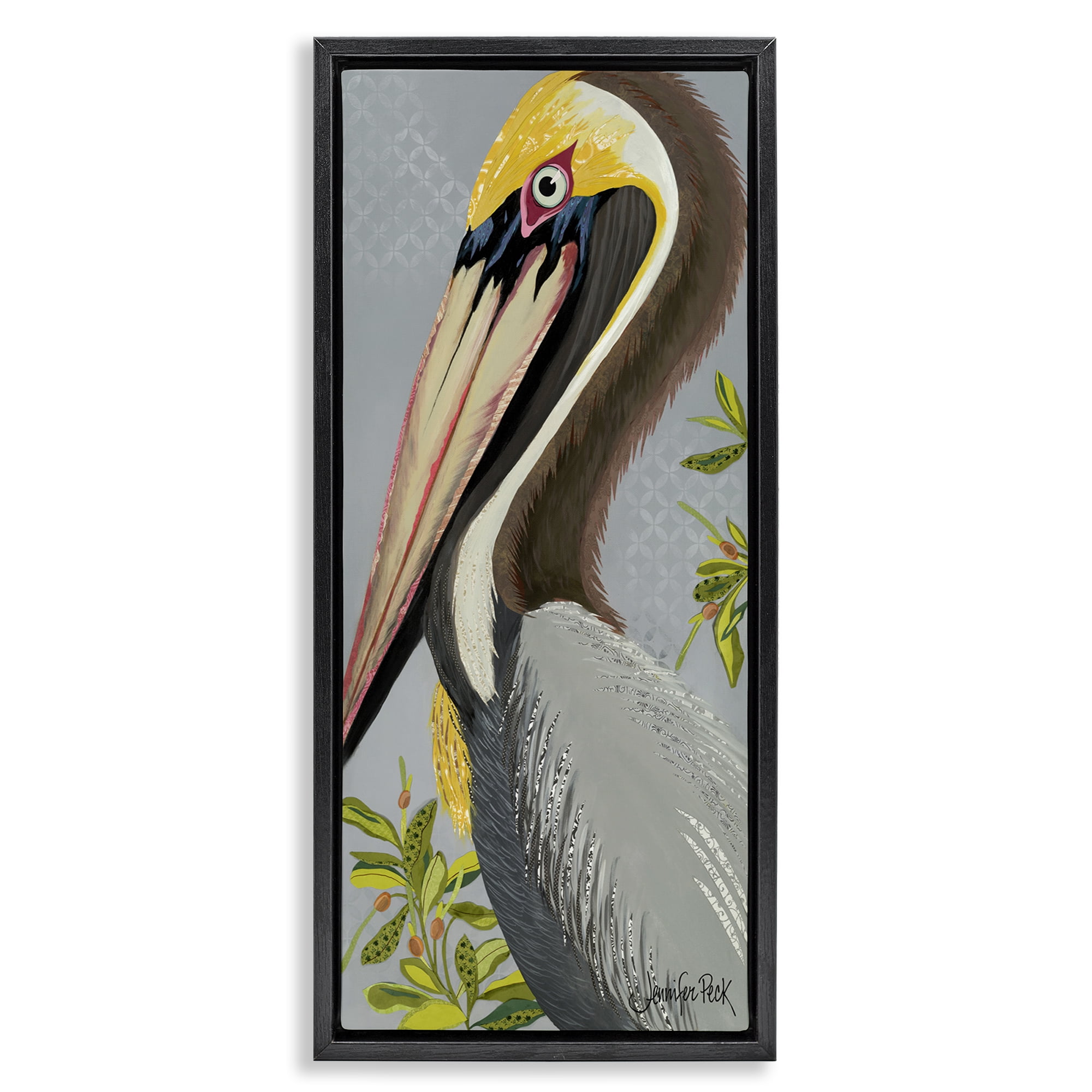 Stupell Industries Pelican on Grey Animals & Insects Painting Black Floater Framed Canvas Art Print Wall Art, 15 x 31