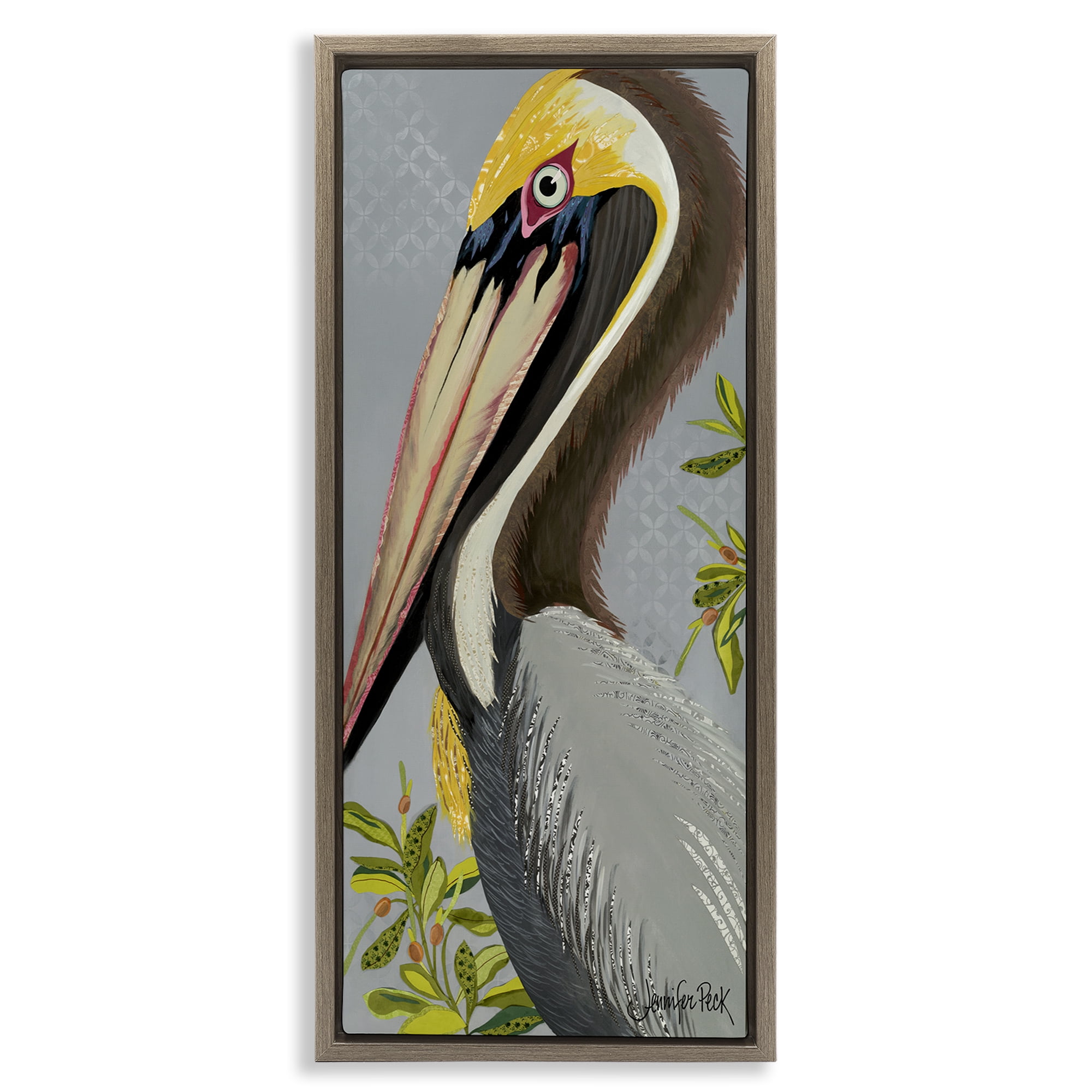 Stupell Industries Pelican on Grey Animals & Insects Painting Brown Floater Framed Canvas Art Print Wall Art, 11 x 25