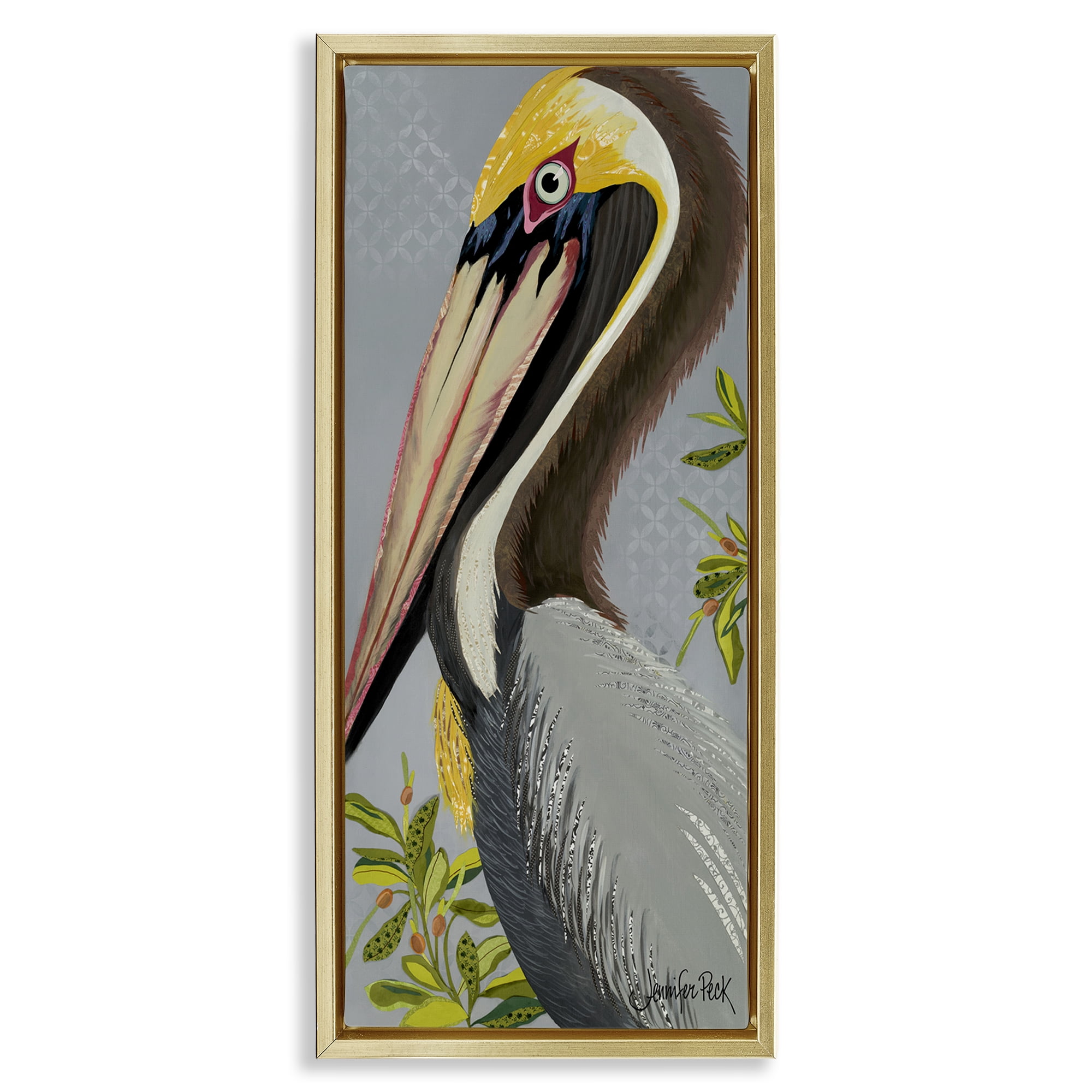 Stupell Industries Pelican on Grey Animals & Insects Painting Gold Floater Framed Canvas Art Print Wall Art, 11 x 25