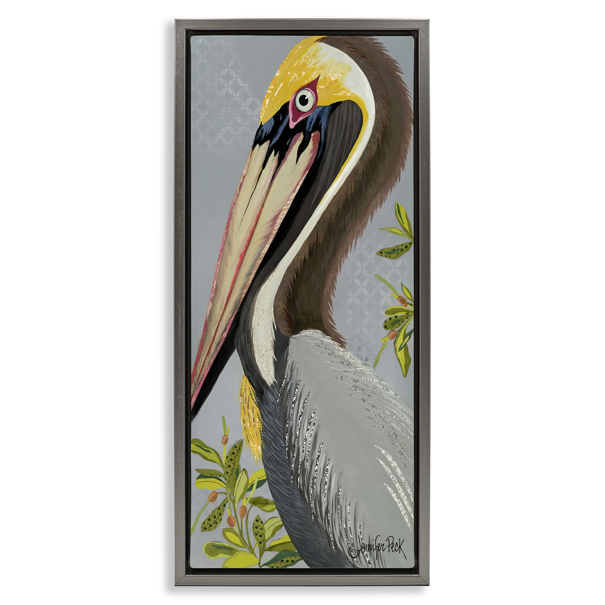 Stupell Industries Pelican on Grey Animals & Insects Painting Gray Floater Framed Canvas Art Print Wall Art, 11 x 25